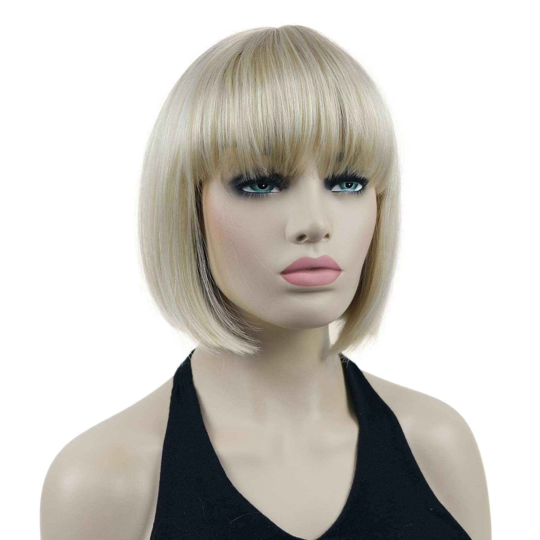 Lydell 8'' Straight Short Bob Hair Flat Bangs Cute Central Dot Skin Top Heat Resistant Synthetic Wigs (26 Bright Golden Blonde)