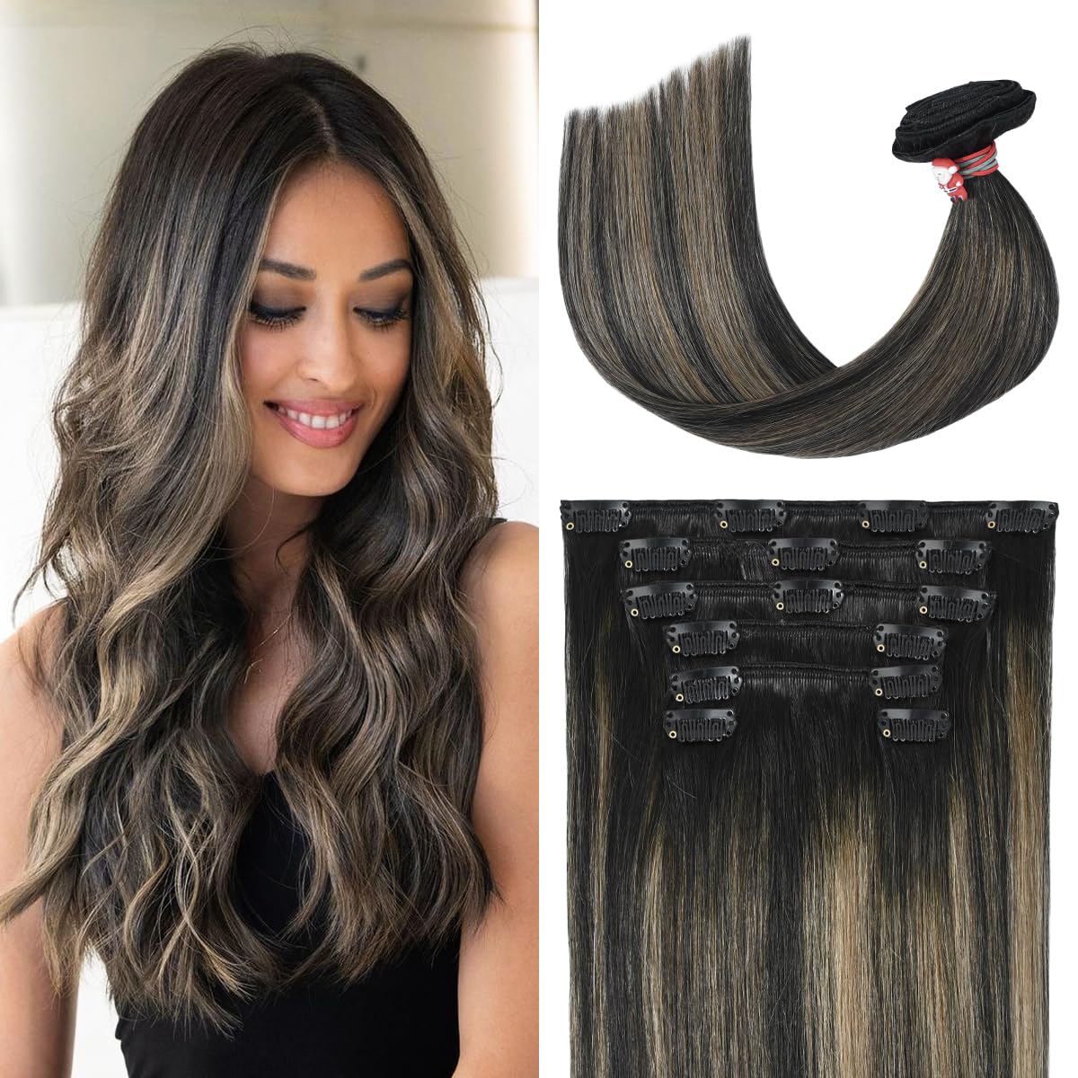 UGOTRAYS Black Brown Hair Extensions Real Human Hair, Ombre Natural Black to Light Brown Highlight Black Hair Extensions, 18 inc