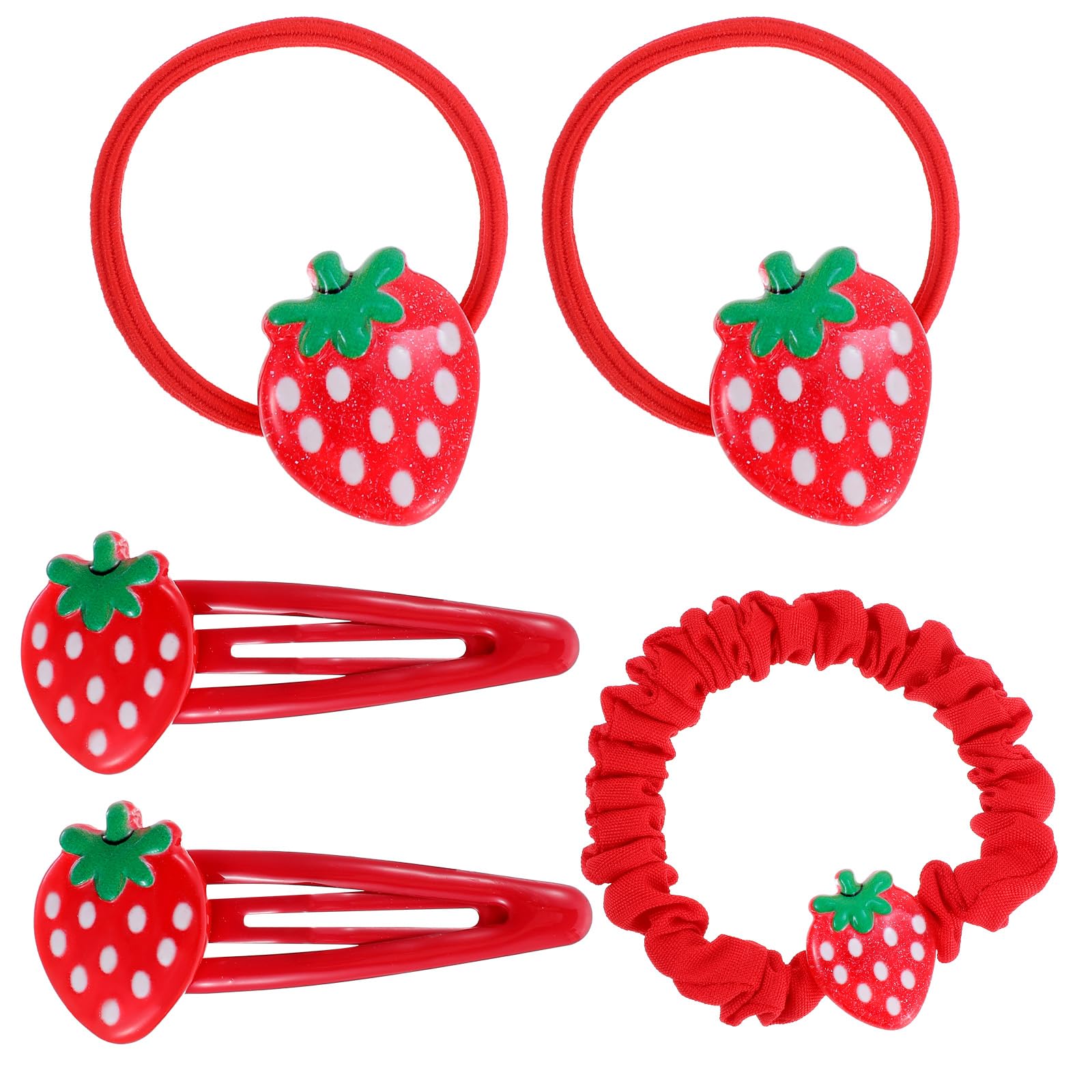 5PCS Strawberry Hair Clip and Hair Tie set, Fruit Metal Snap Accessories, Red Elastics No Damage Soft Rubber Hairbands, Cute Str