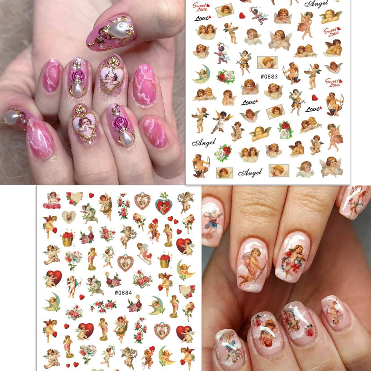 Cupid Angel Nail Stickers For Nail Art 8Sheets 3D Self Adhesive Cupid Nail Decals Valentines Day Angel Rose Flower Design Nail A