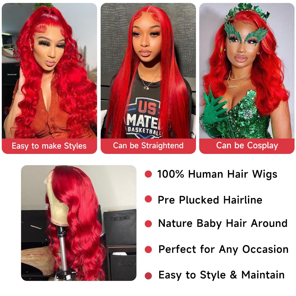 Avolo 28 Inch Red Lace Front Wig Human Hair 13X4 Hd Transparent Lace 180% Density Red Wig Human Hair Body Wave Red Lace Front Wi