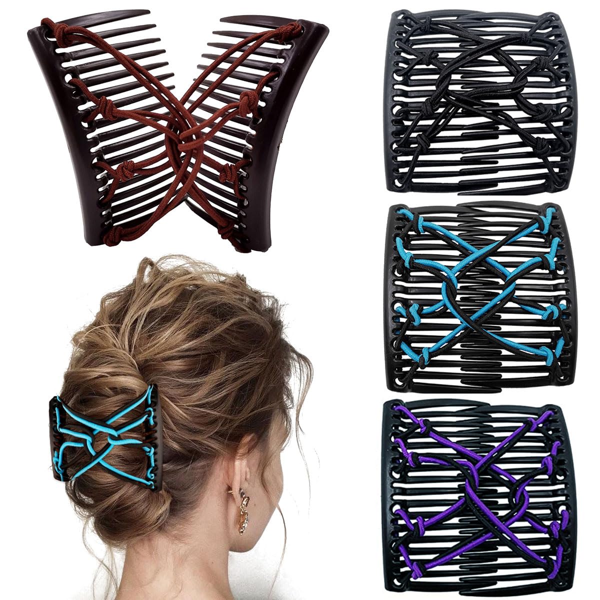 4 Pieces Elastic Beaded Magic Hair Comb Stretchy Double Comb Hair Fork Clips No Crease Hairpins Combs for Women Girls Vintage Ha