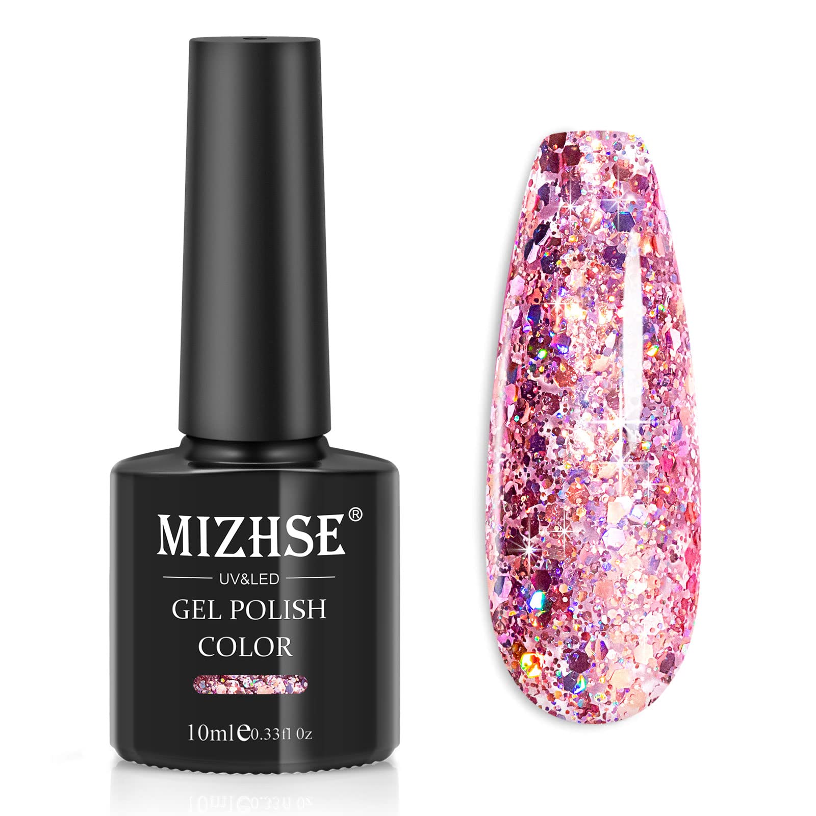 MIZHSE Glitter Gel Nail Polish Pink Sparkly Diamond Holographic Effect Soak off UV LED Nail Gel Polish Chunky Gel Home DIY Nail 