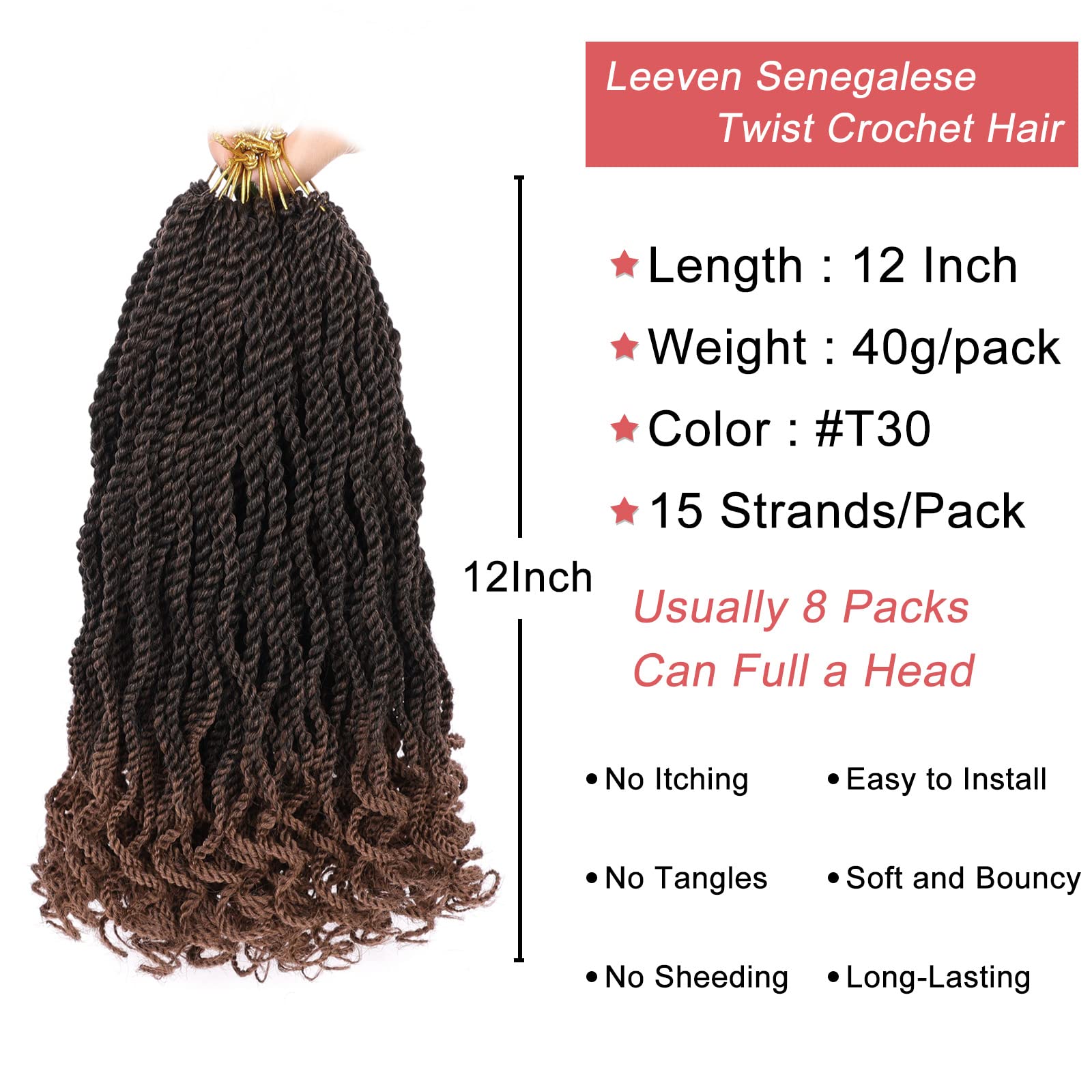 Leeven 12 Inch Wavy Senegalese Twist Crochet Hair 8 Packs Ombre Brown Short Crochet Braids Pre Looped Small Havana Twist With Cu