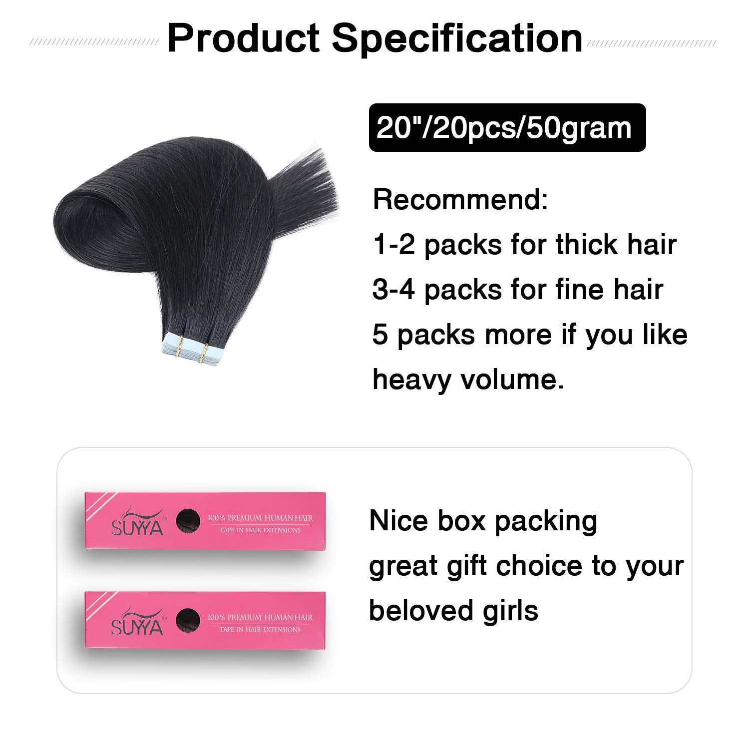 Suyya Tape In Hair Extensions Jet Black 100% Remy Human 20 Inches 20Pcs 50G/Pack Straight Seamless Skin Weft Hair(20 #1 Black)