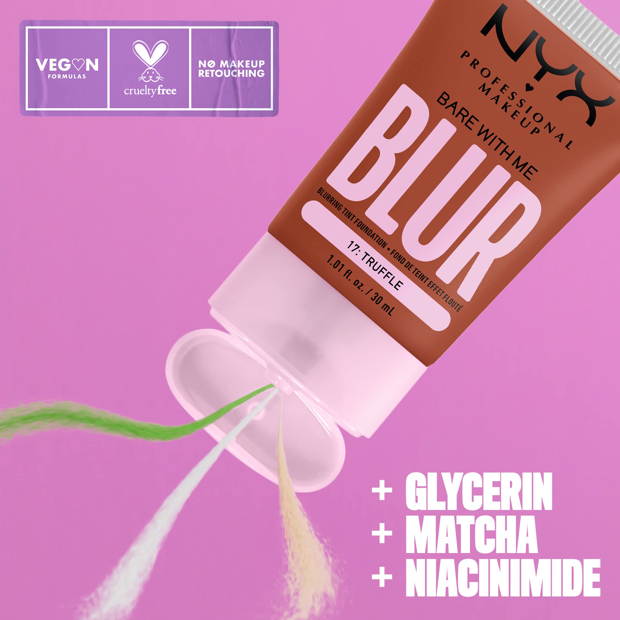 NYX PROFESSIONAL MAKEUP Bare With Me Blur Skin Tint Foundation Make Up with Matcha, Glycerin & Niacinamide - Truffle