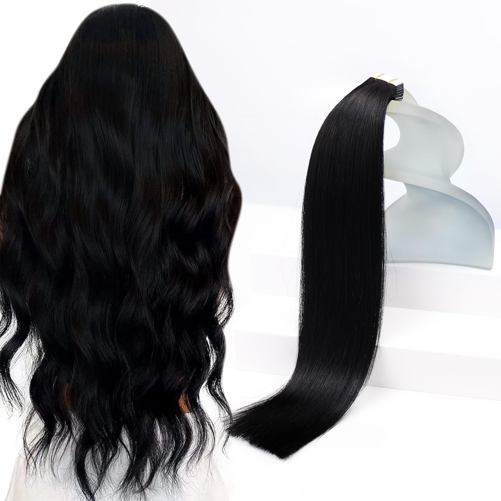 Sunny Hair Tape in Hair Extensions Real Human Hair Invisible Remy Hair Extensions Tape ins for Women Jet Black 24 inch 20Pcs 50G