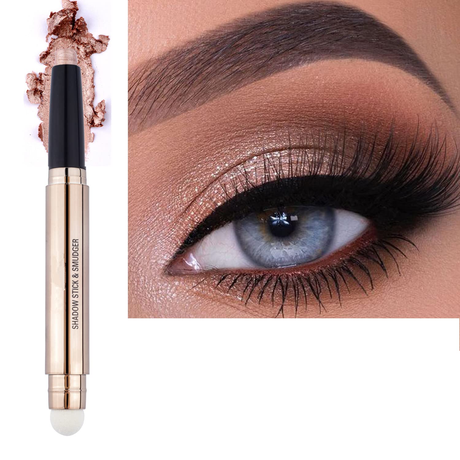 2 In 1 Eyeshadow Stick And Sponge Makeup Brush, Brown Smooth Cream Shimmer Shadow Pencil Long Lasting Waterproof Eye Shadow High