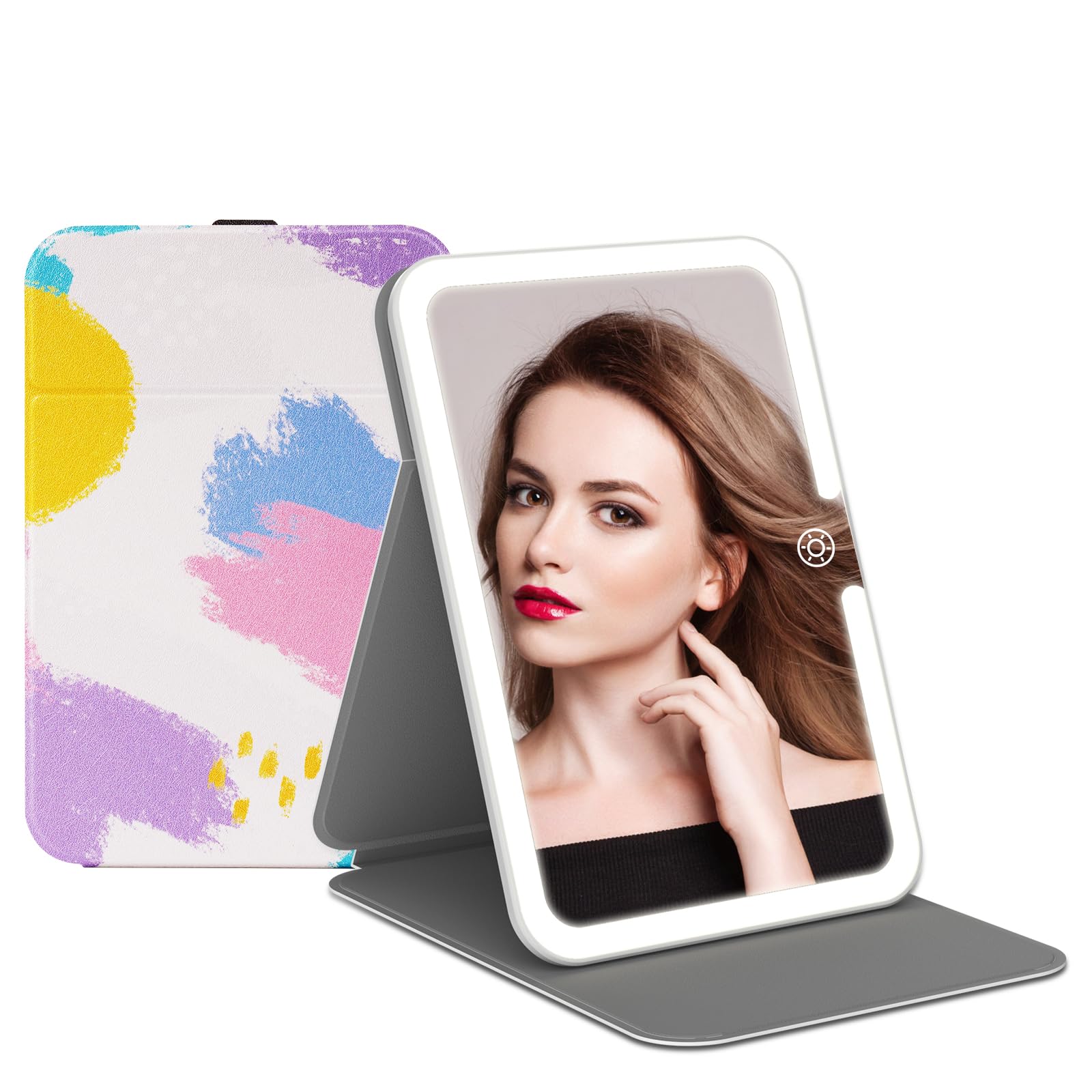 Rechargeable Travel Lighted Makeup Vanity Mirror with PU Leather Cover, Portable Travel Makeup Mirror with Lights, 3 Color Light