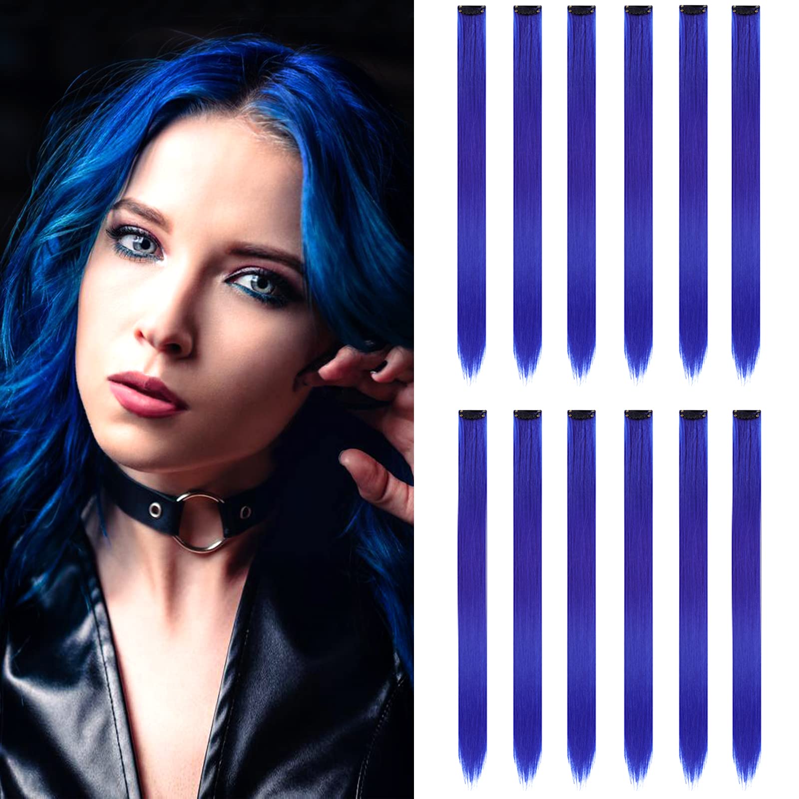 12PCS Colored Blue Hair Extensions Clip in Colorful Hair Extensions 22 Inch Rainbow Hair Extensions for Kids Women 's Gifts Blue