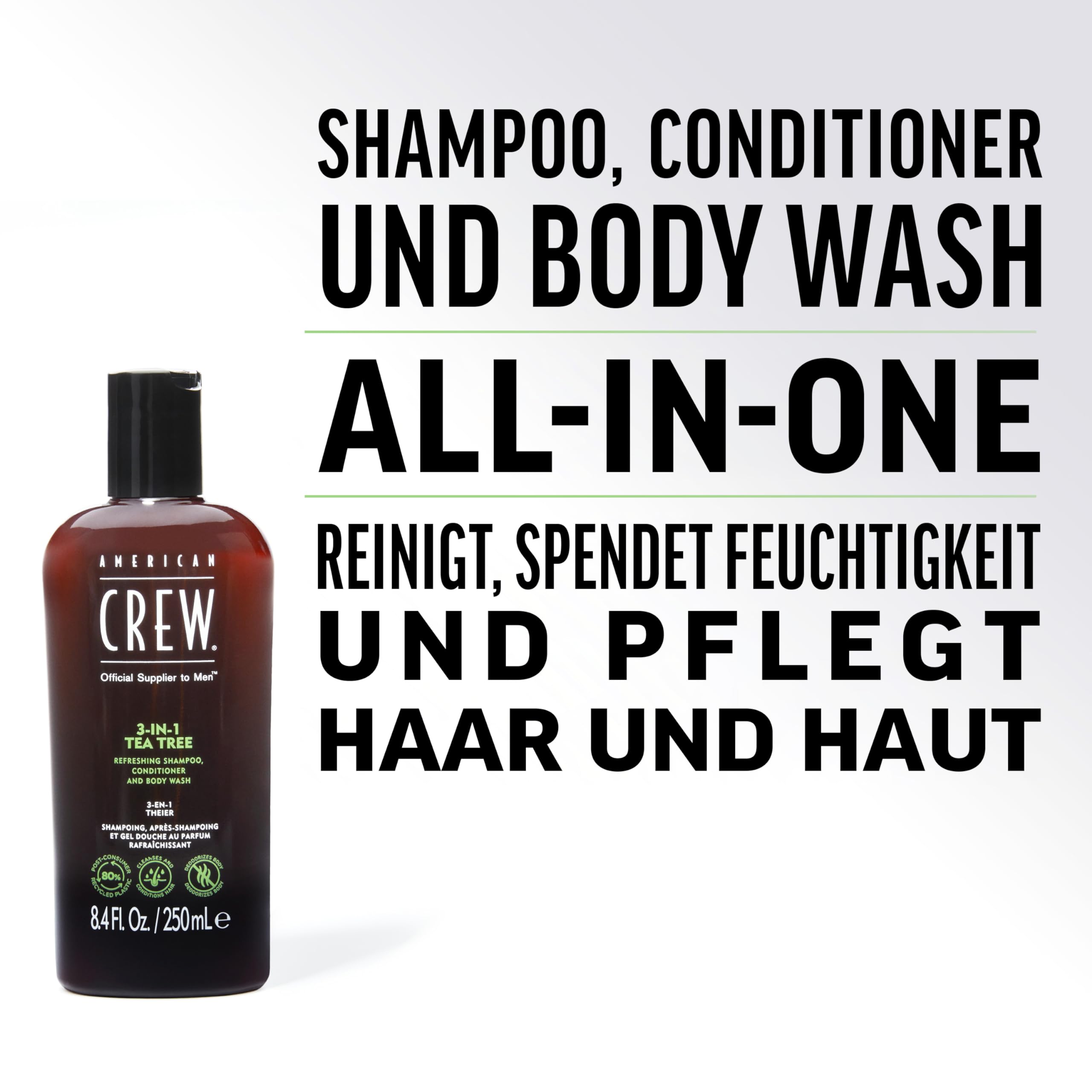 American Crew 3-in-1 Shampoo, Conditioner & Body Wash, Tea Tree Scent, 15.2 Fl Oz, Black