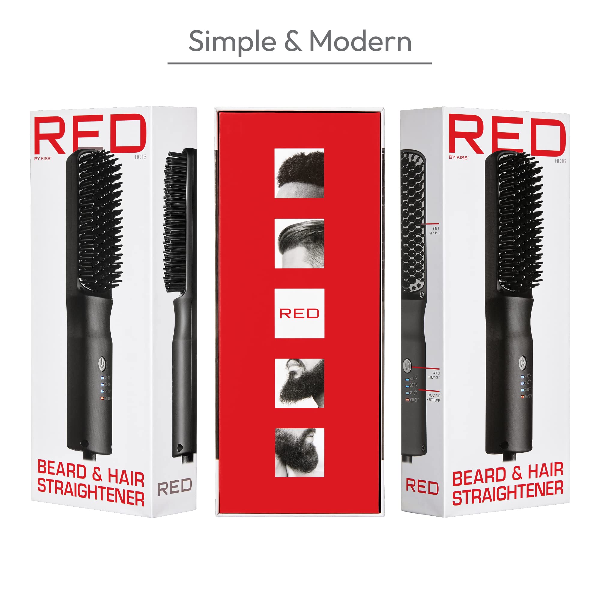 Red By Kiss Beard & Hair Straightener, Secure Auto Shut-Off, 2 In 1 Heated Straightening Beard Brush 360 Degree Swivel Cord Temp