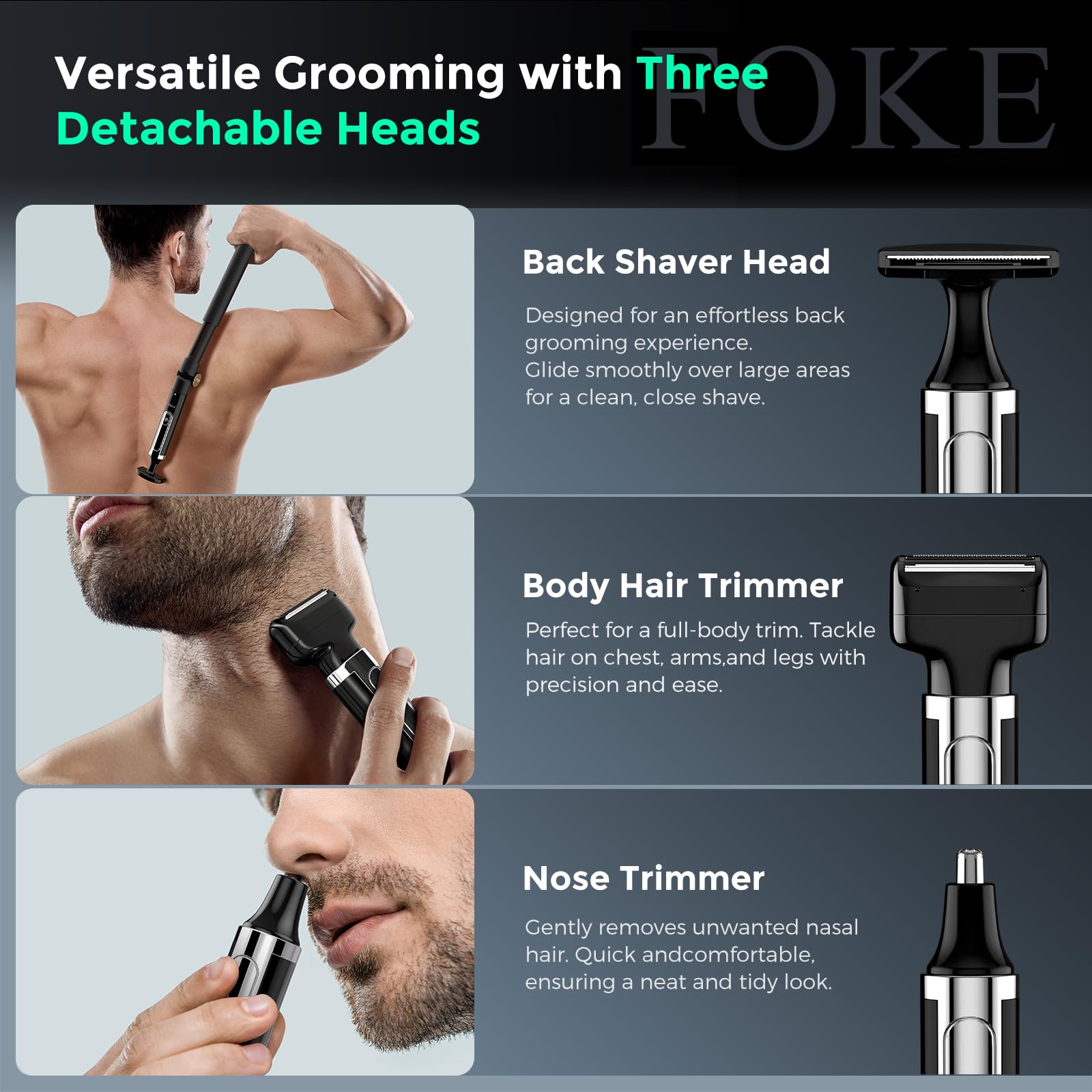 FOKE Back Shaver for Men, Rechargeable T-Shaped Head, Waterproof IPX7, Long Handle, Black, Model F1