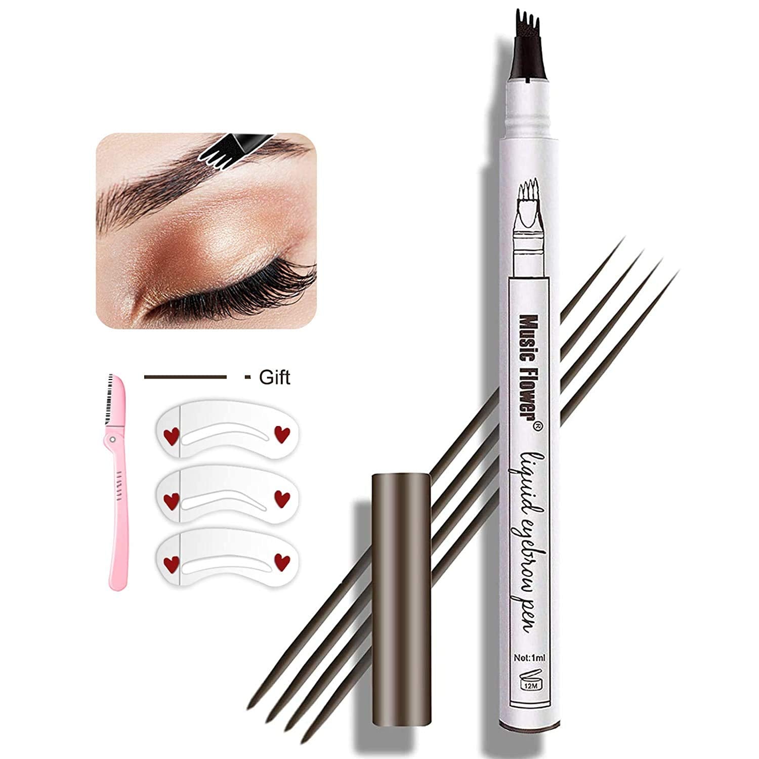 Eyebrow Pen, Moonkong 4 Point Eyebrow Pencil Waterproof Eye Brown Makeup, Eyebrow Kits With 3 Eyebrow Stencil, 1 Brow Razor (4#