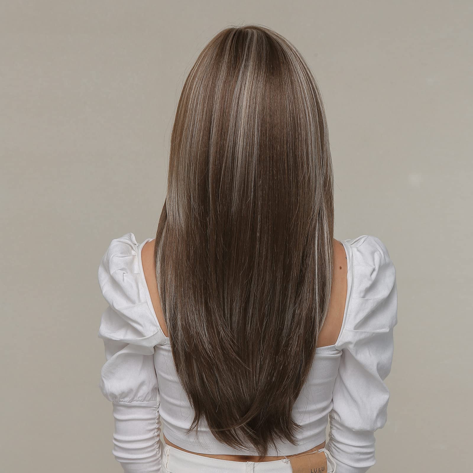 EMMOR Long Layered Brown Wig with Grey Highlights, Heat Resistant Synthetic Fiber, Model lc259-25