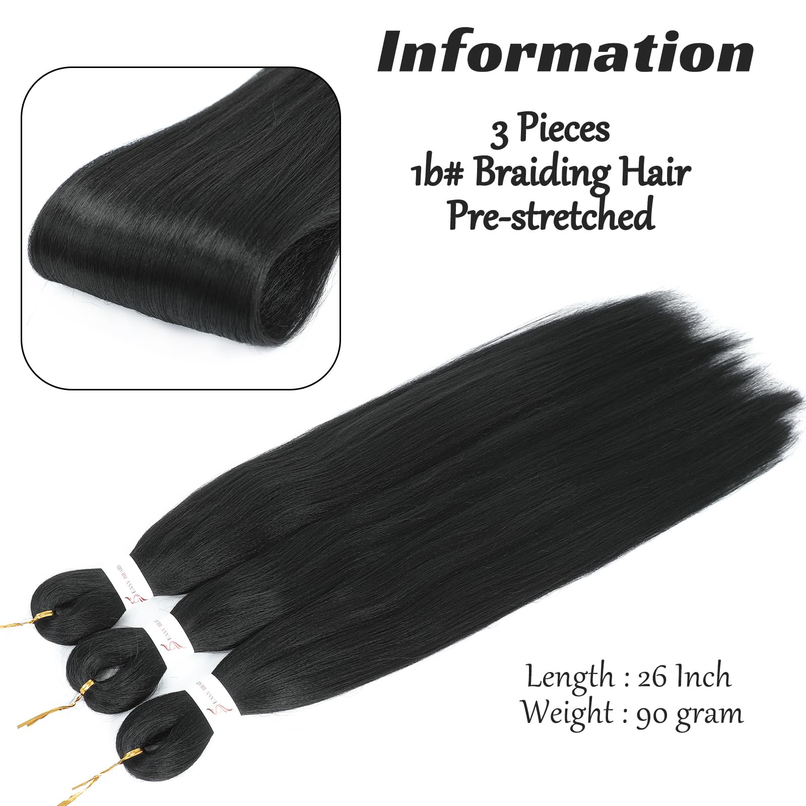 Royota Black Braiding Hair Pre Stretched Easy Braiding Hair Yaki Texture 3Pieces Synthetic Braiding Hair 26 Inches Knotless Brai