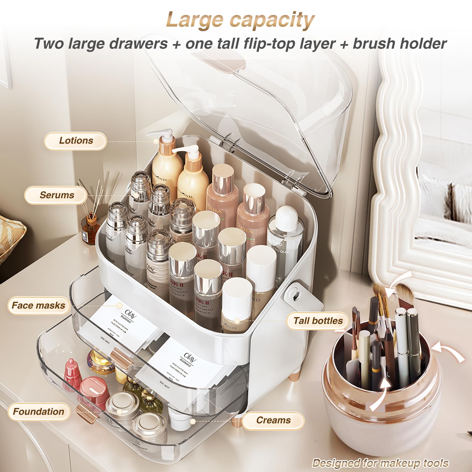 TooCust Cosmetics Organizer Set with Brush Holder - Skincare Holder Bathroom Counter Organizer with Drawers, Cosmetic Display Ca
