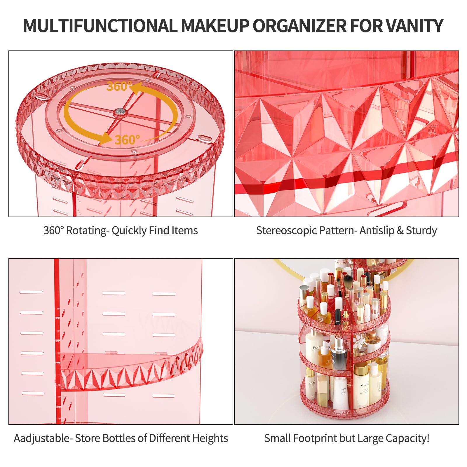 Hemtroy 360 Rotating Makeup Organizer, Diy Adjustable Cosmetics Organizer, Professional Acrylic Make Up Caddy Shelf Storage Perf