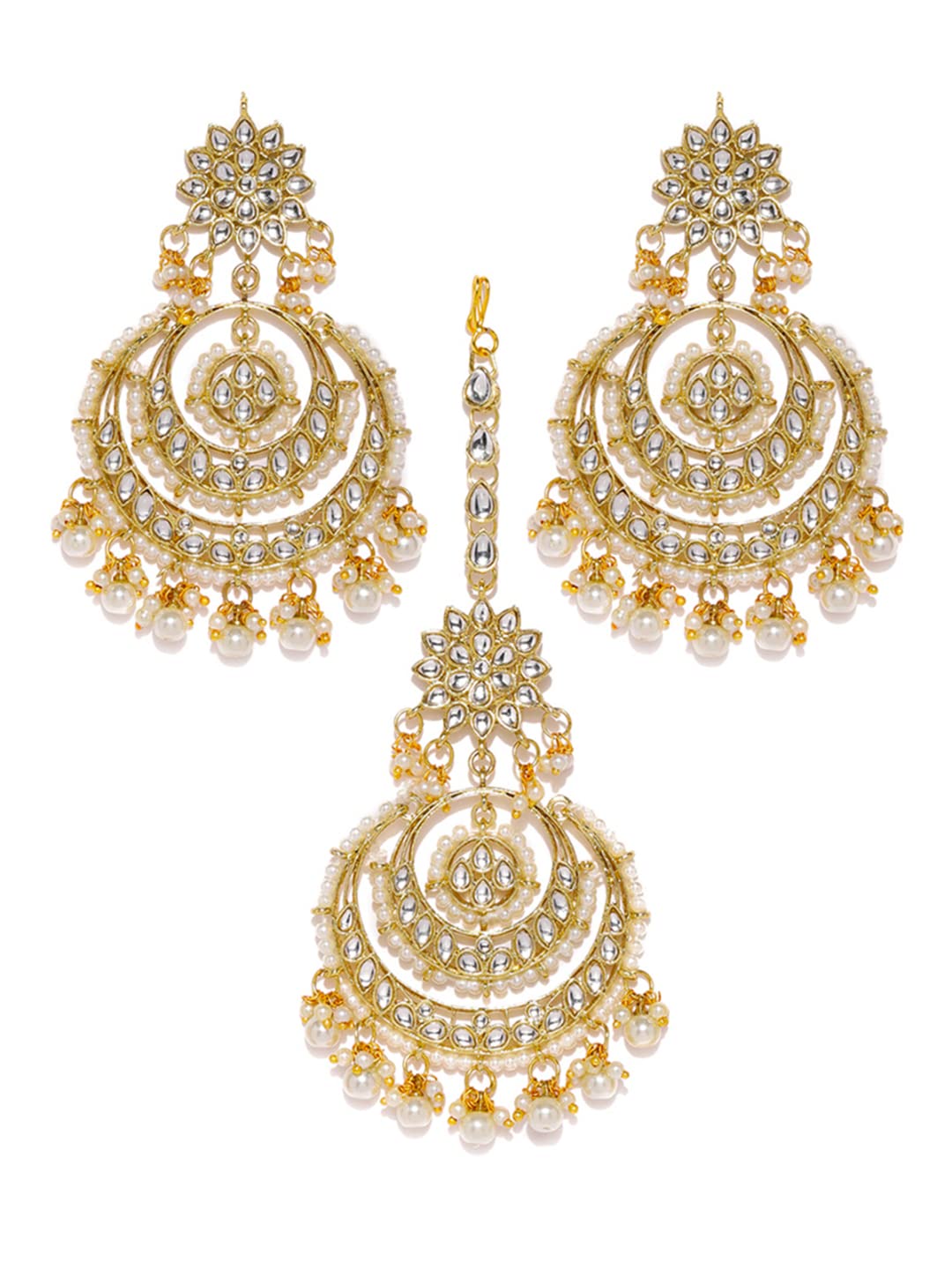 ZAVERI PEARLS Gold Tone Kundan & Pearls Traditional Earring & Maangtikka Set For WomenZPFK8541