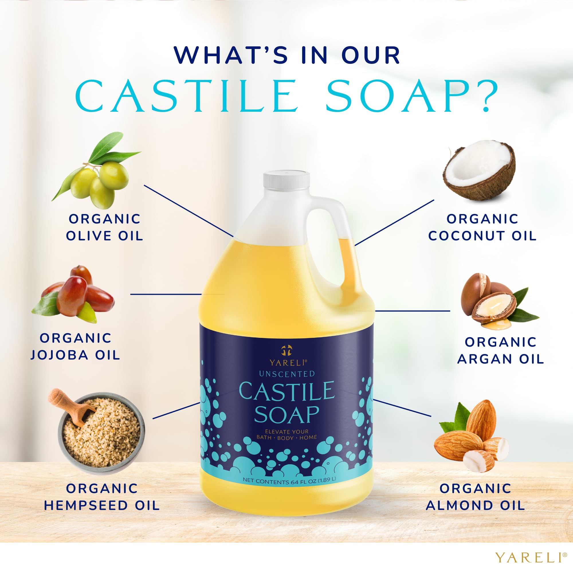 Yareli Pure Castile Liquid Soap, Unscented, With All Organic Oils For Adults, Kids And Babies For Bath, Body And Home, 64Oz