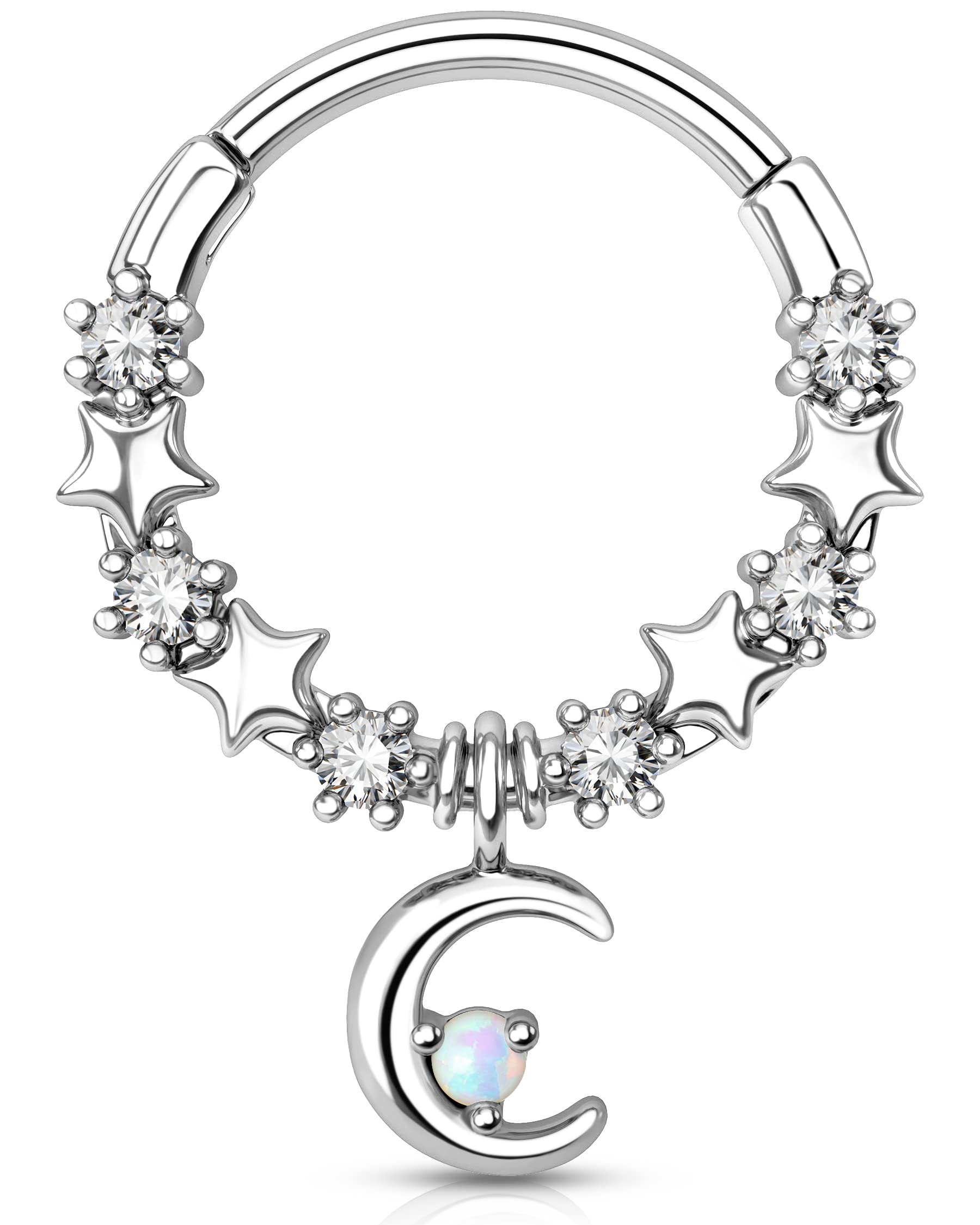 Melighting Septum Rings 16G Moon Septum Jewelry with Opal Clear CZ Surgical Steel 316L Star Helix Earring Dangle Daith Earrings 