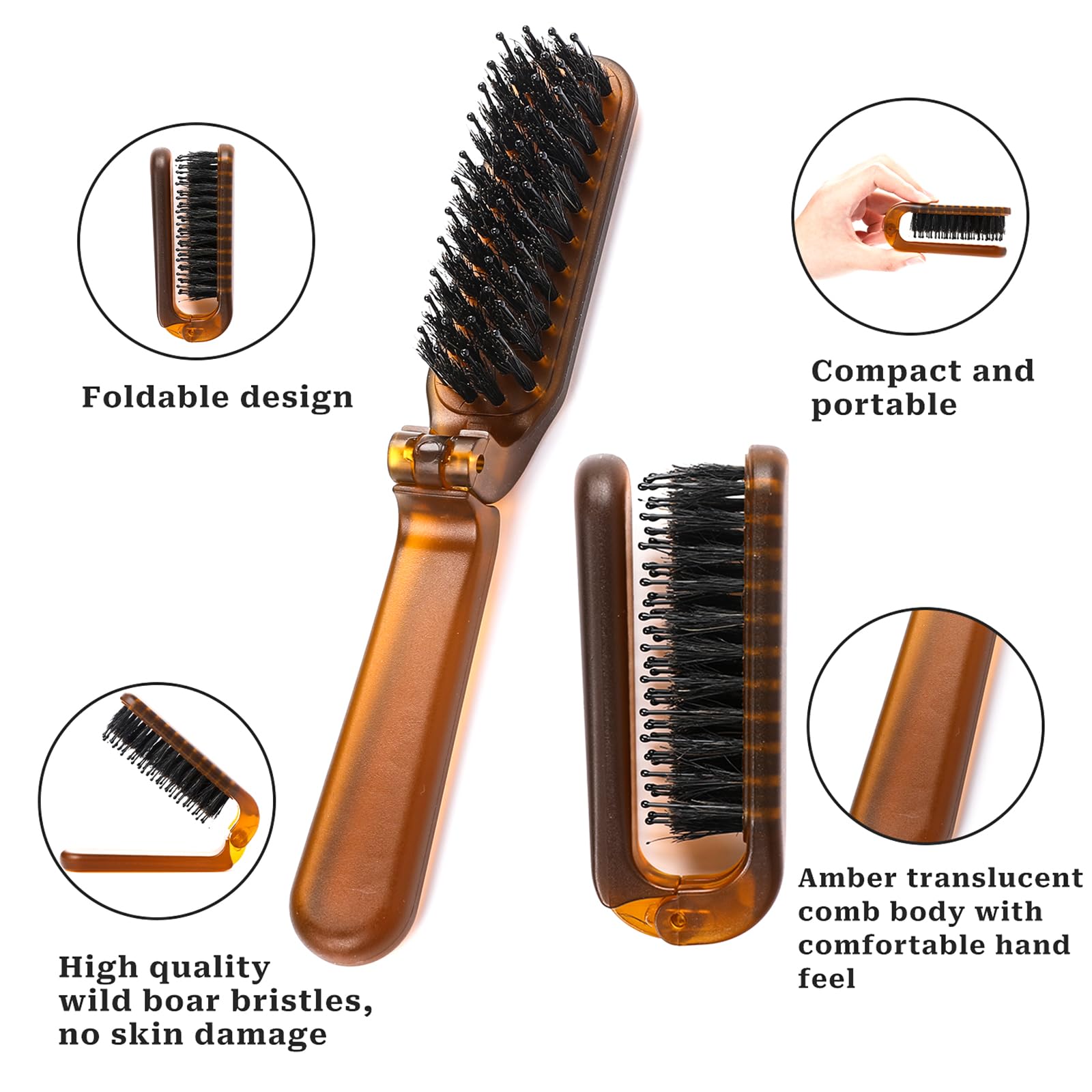 2 Pack Folding Hair Brush, Travel Size Brush With Natural Boar Bristles And Nylon Pins Collapsable Small Hair Brush Mini Compact