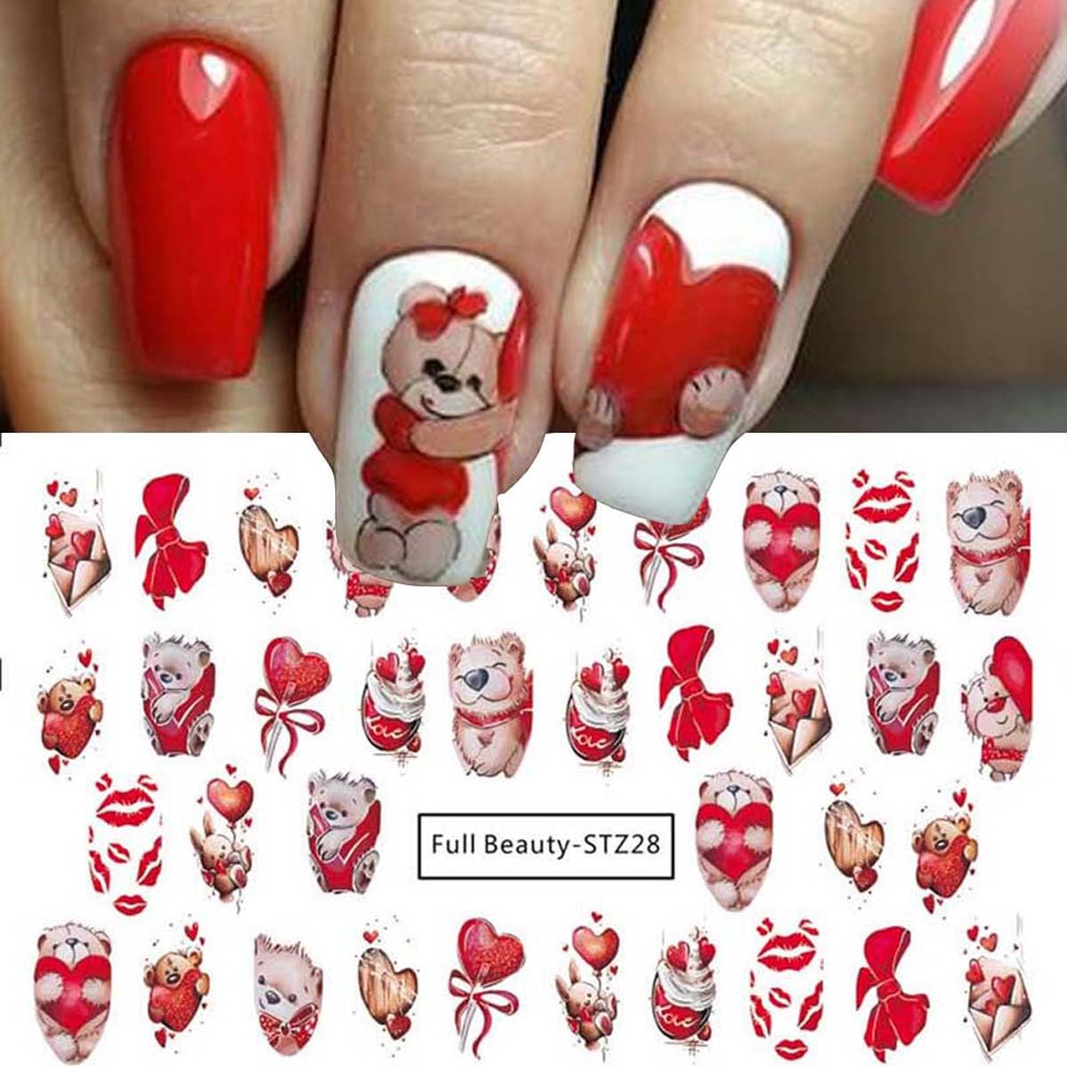 8Sheets Valentine'S Day Nail Stickers Heart Nail Water Transfer Decals Valentines Cute Bear Sexy Lips Love Letter Hearts Nail De