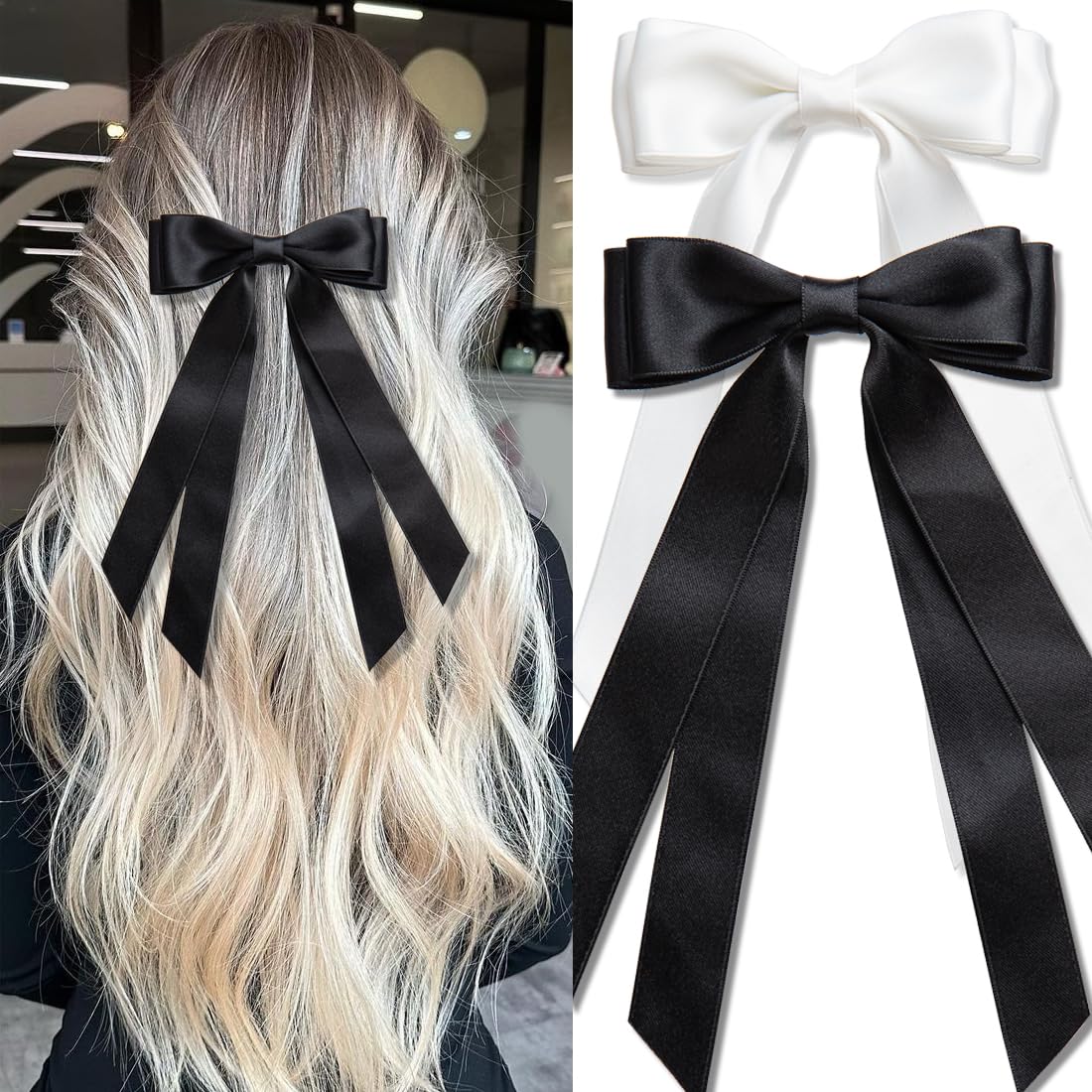 Seneeel Hair Bows, 2 PCS Large Double Ribbon Bow for Women - Black, White