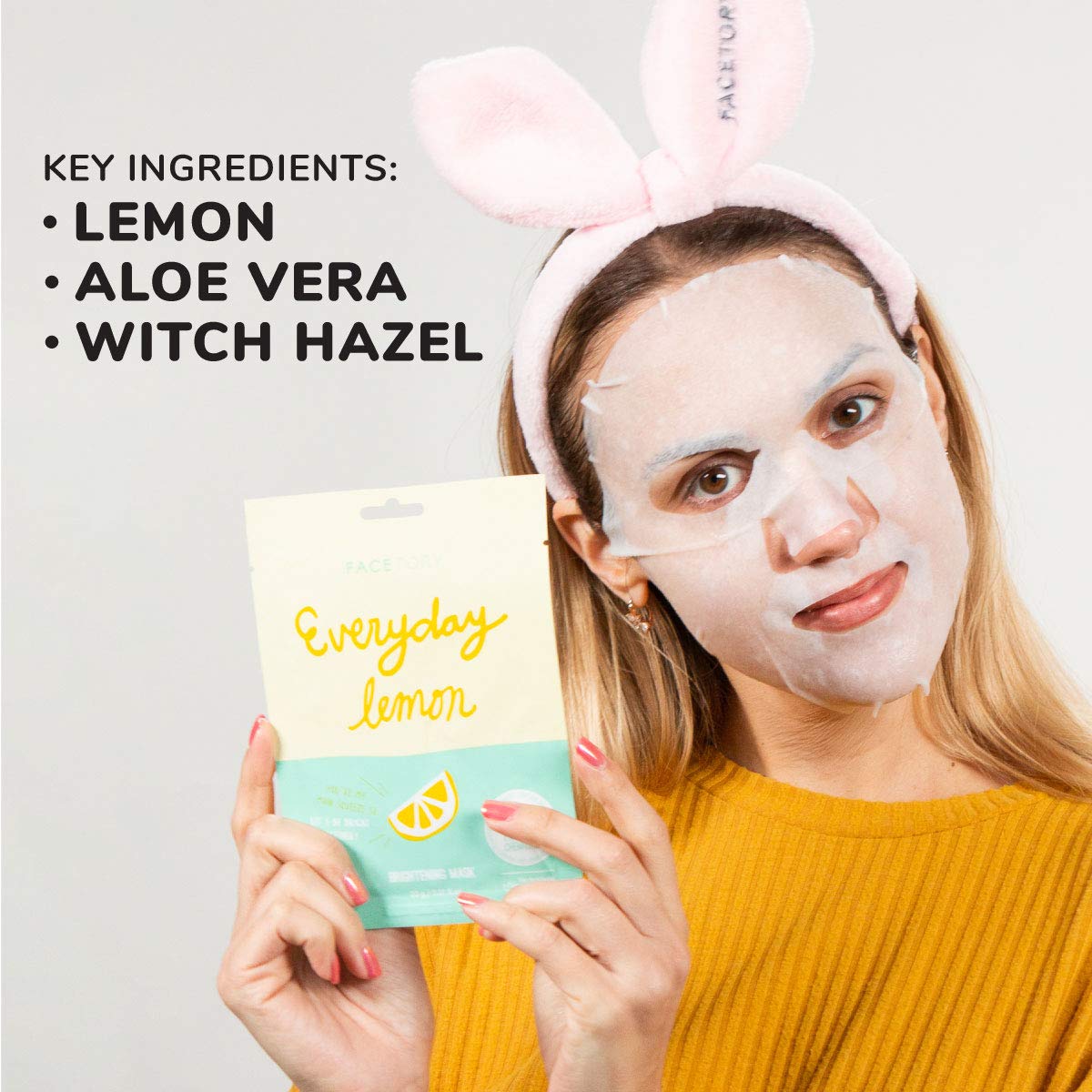 Facetory K Beauty Face Mask Skin Care - Everyday Lemon Brightening Sheet Mask | Plant-Based With Lemon Extract (10 Pack)