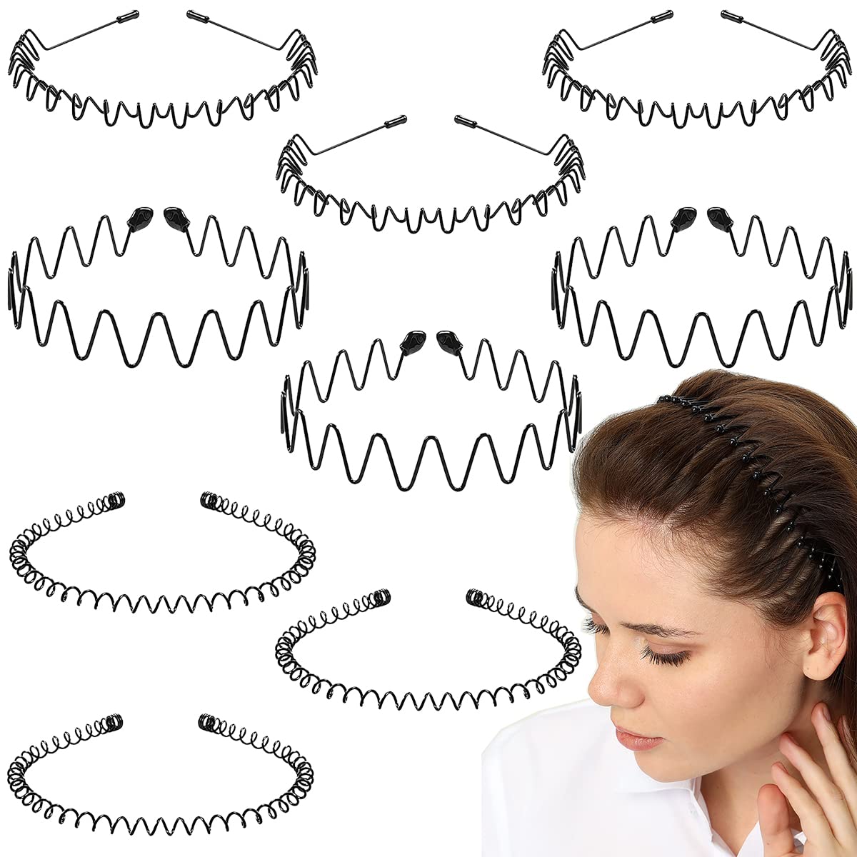 BOYIVI 9 Pieces Metal Hairband for Men and Women Unisex Adjustable Black Wavy Hair Band Non-slip Spring and Summer Home Outdoor 