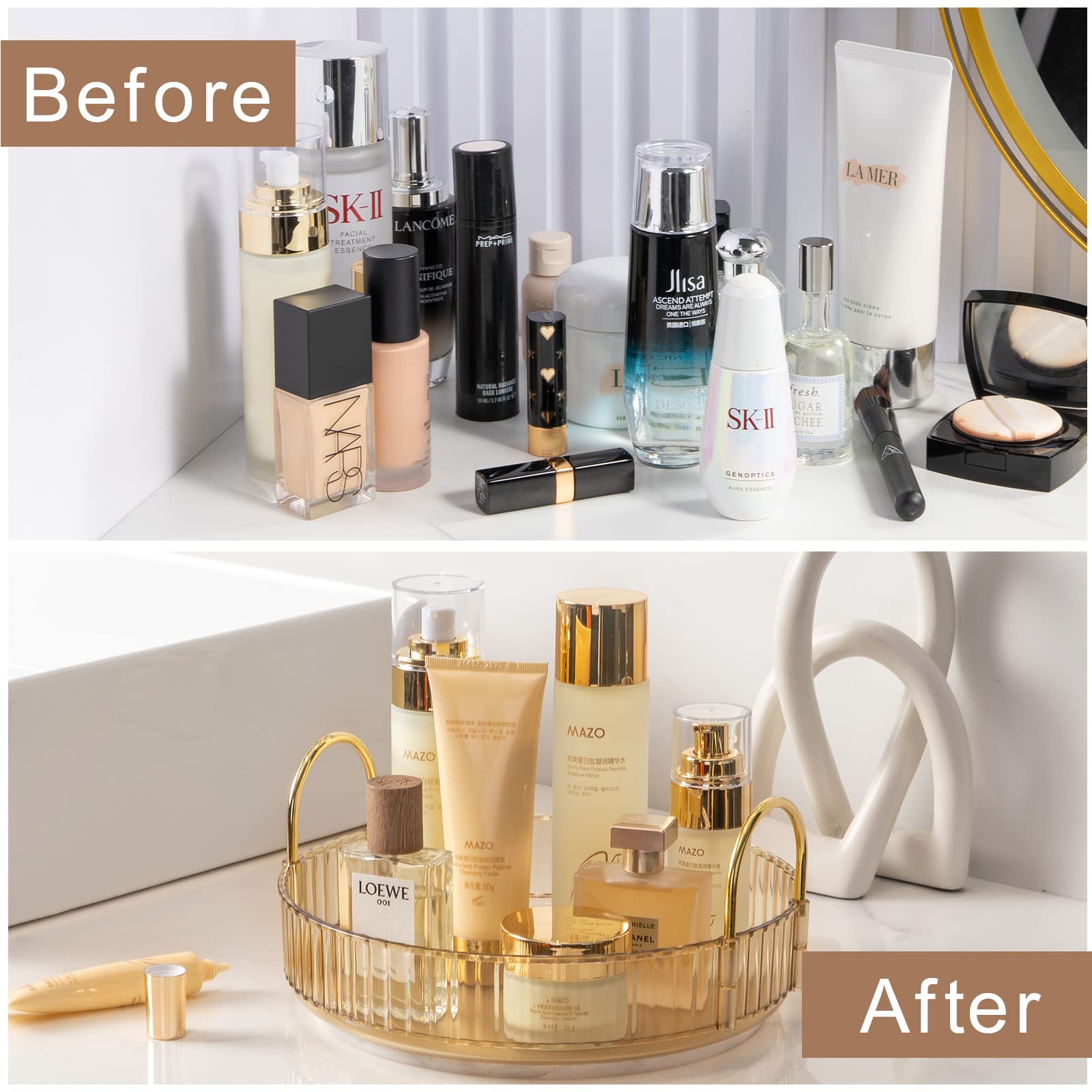 Invssene 360 Rotating Makeup Organizer, Bathroom Make Up Spinning Holder Rack, Large Capacity Cosmetics Storage Vanity Shelf Cou