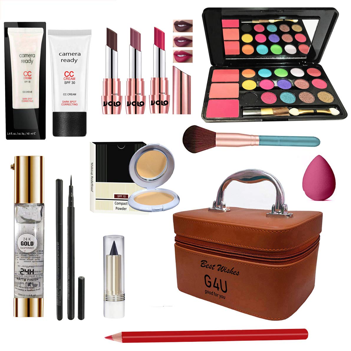 G4U All In One Makeup Kit (3 Lipstick,1 Eyeshadow,1 Cc Cream, Compact,Primer,Pen Liner,Kajal, Lip Liner, 1 Makeup Brush,1 Makeup