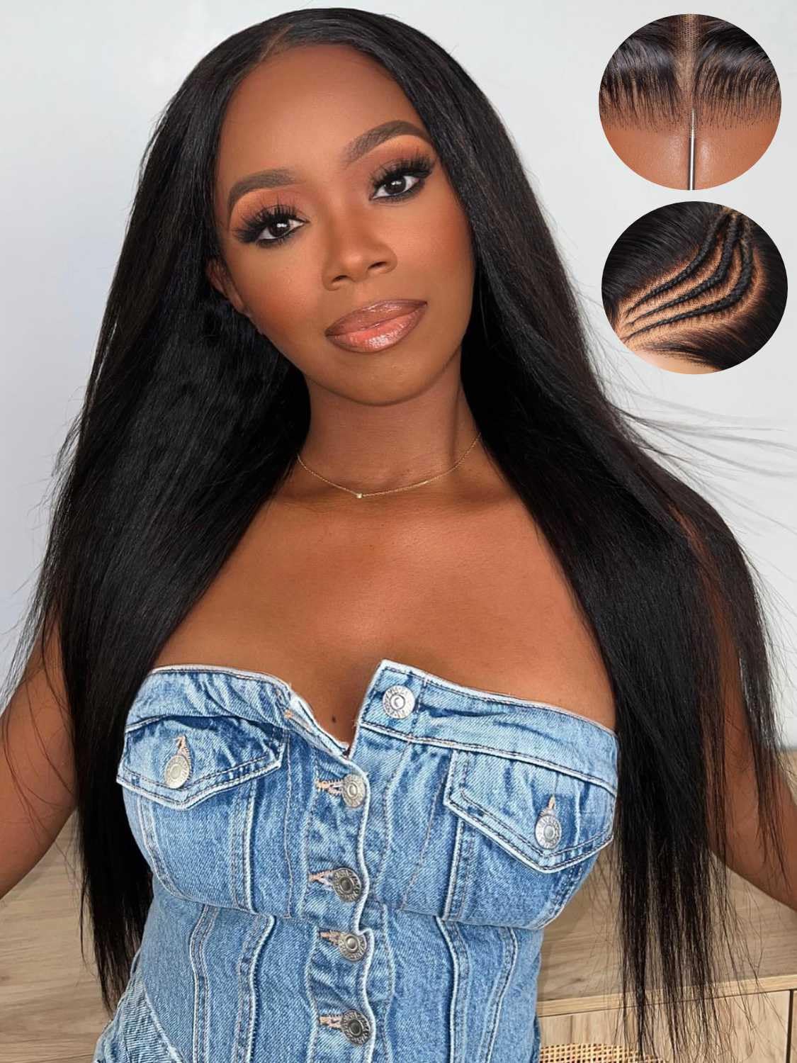 Beauty Forever 13x4 Pre-Everything Glueless Frontal Yaki Straight Lace Front Human Hair Wig,Bye Bye Knots Pre Bleached Ear to Ea