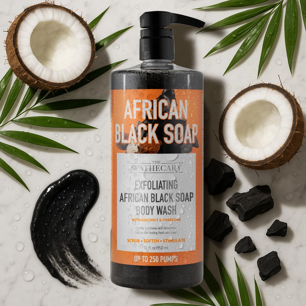 The Spathecary African Black Soap Exfoliating Body Wash with Coconut and Charcoal, Scrub, Soften, Stimulate, 32 oz