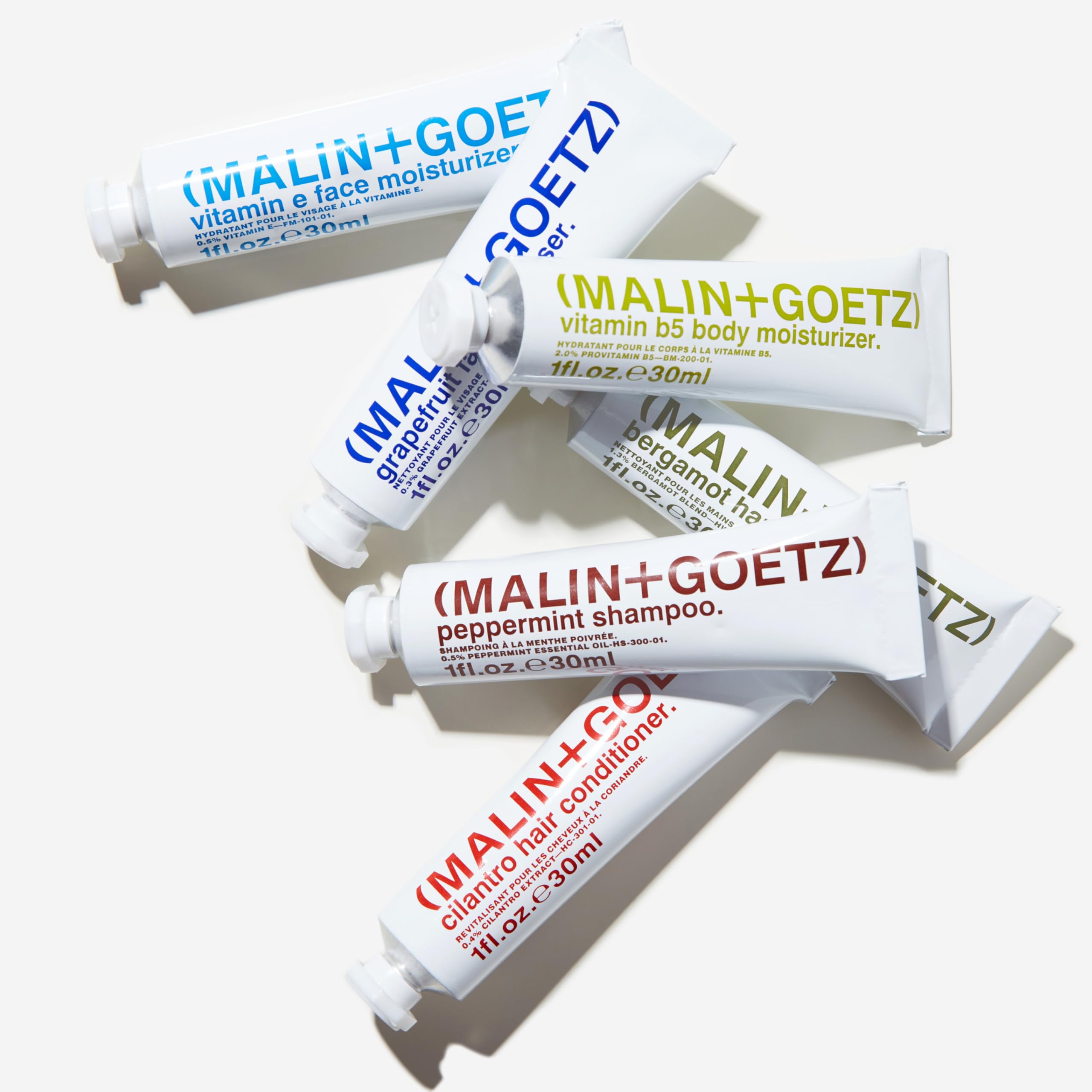 'Malin + Goetz Essential Starter Kit, 1 Fl. Oz. - Hair Shampoo & Conditioner, Facial Cleanser & Moisturizer, Hand & Body Wash,
