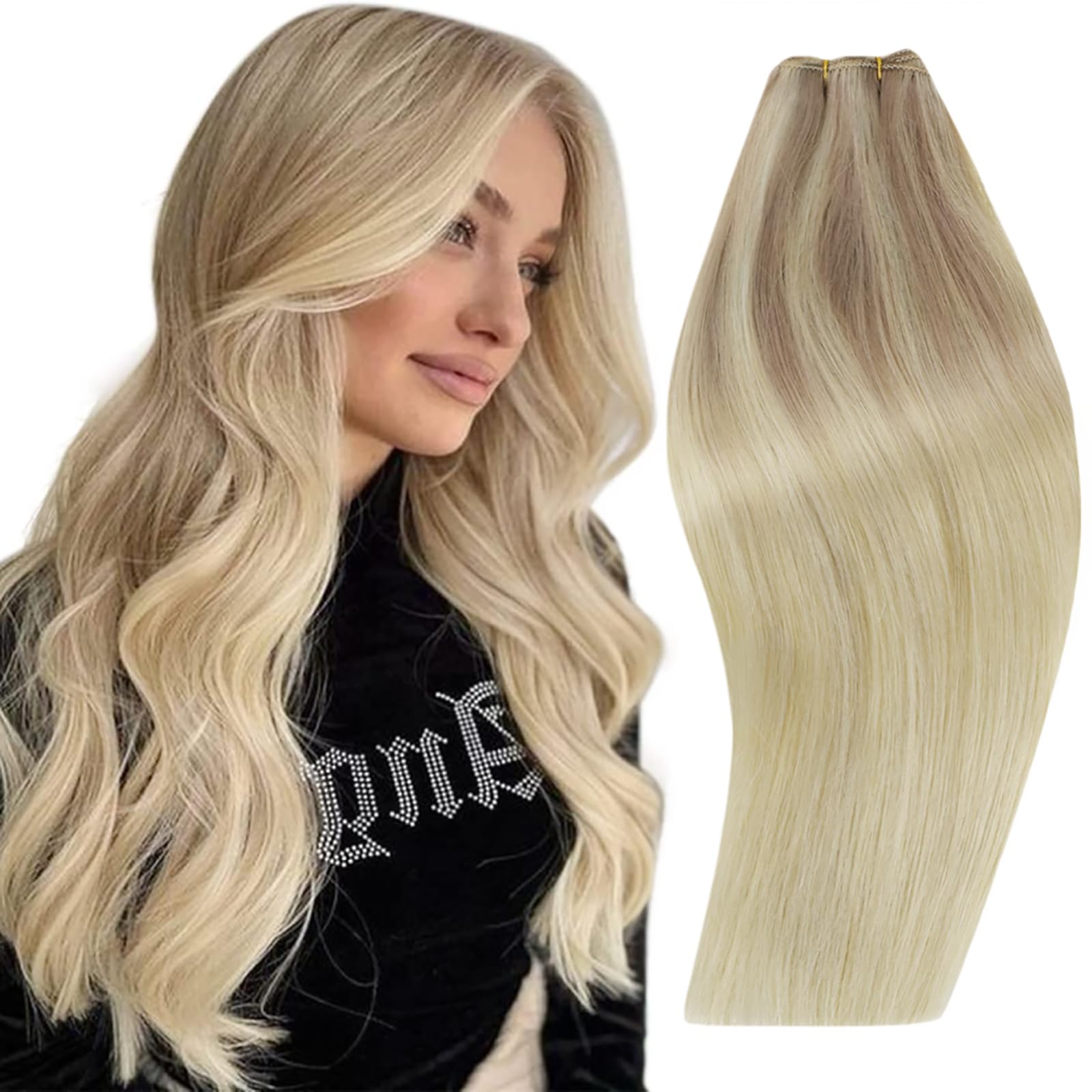 RUNATURE Balayage Weft Hair Extensions Human Hair Straight Blonde Hair Weft Extensions Real Human Hair Short Ash Blonde to Light