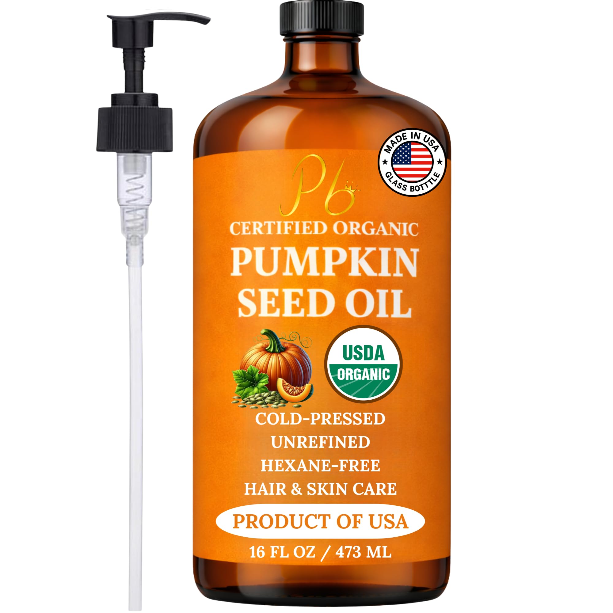 Pumpkin Seed Oil, Cold-Pressed, Unrefined USDA Organic Pumpkin Seed Oil for Hair Growth, Dry Skin & Face - Natural Anti-Aging Mo