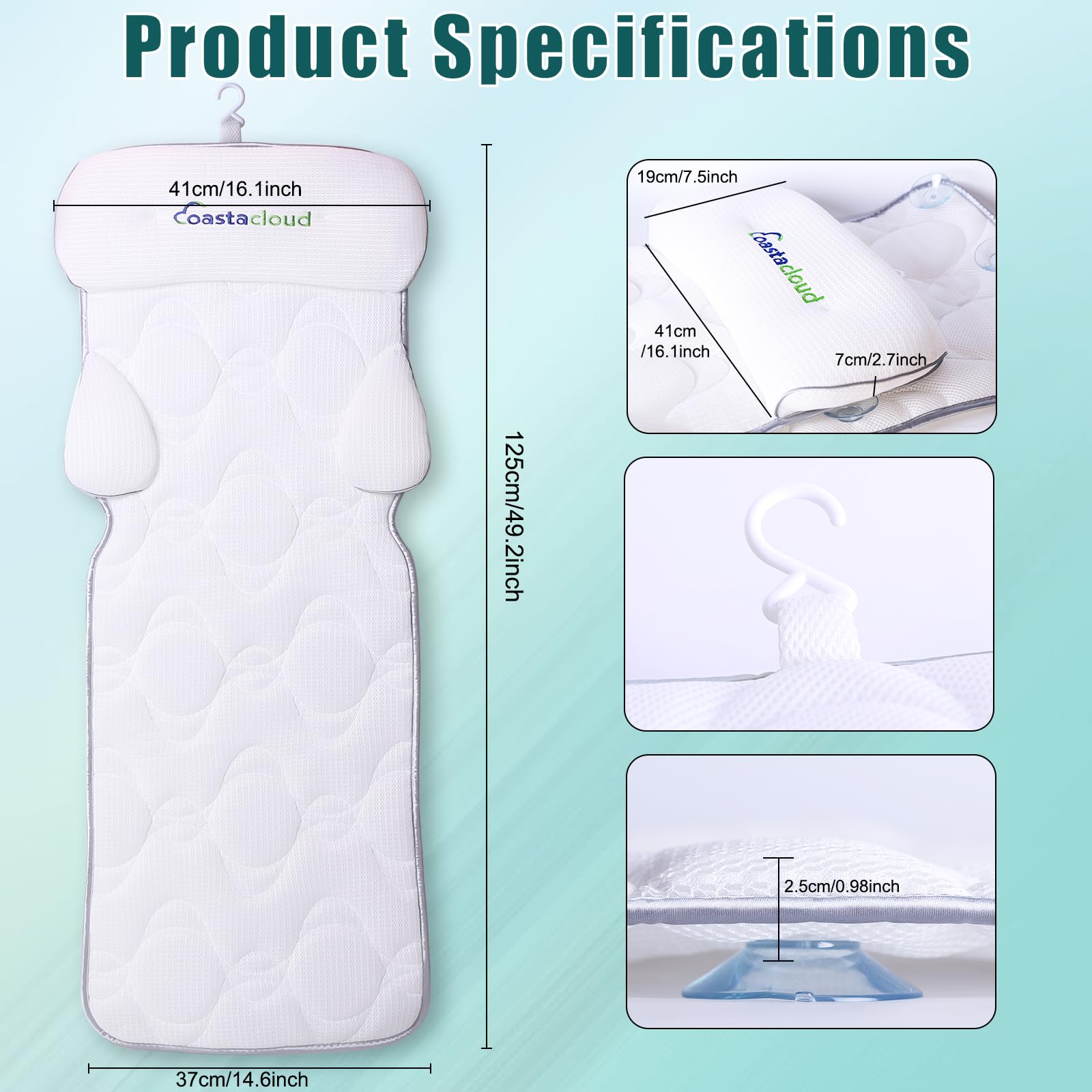 Full Body Bath Pillow, Bathtub Mattress Luxury Cushion With Large Suction Cups, Comfort Support Your Head, Neck, Shoulder, Back