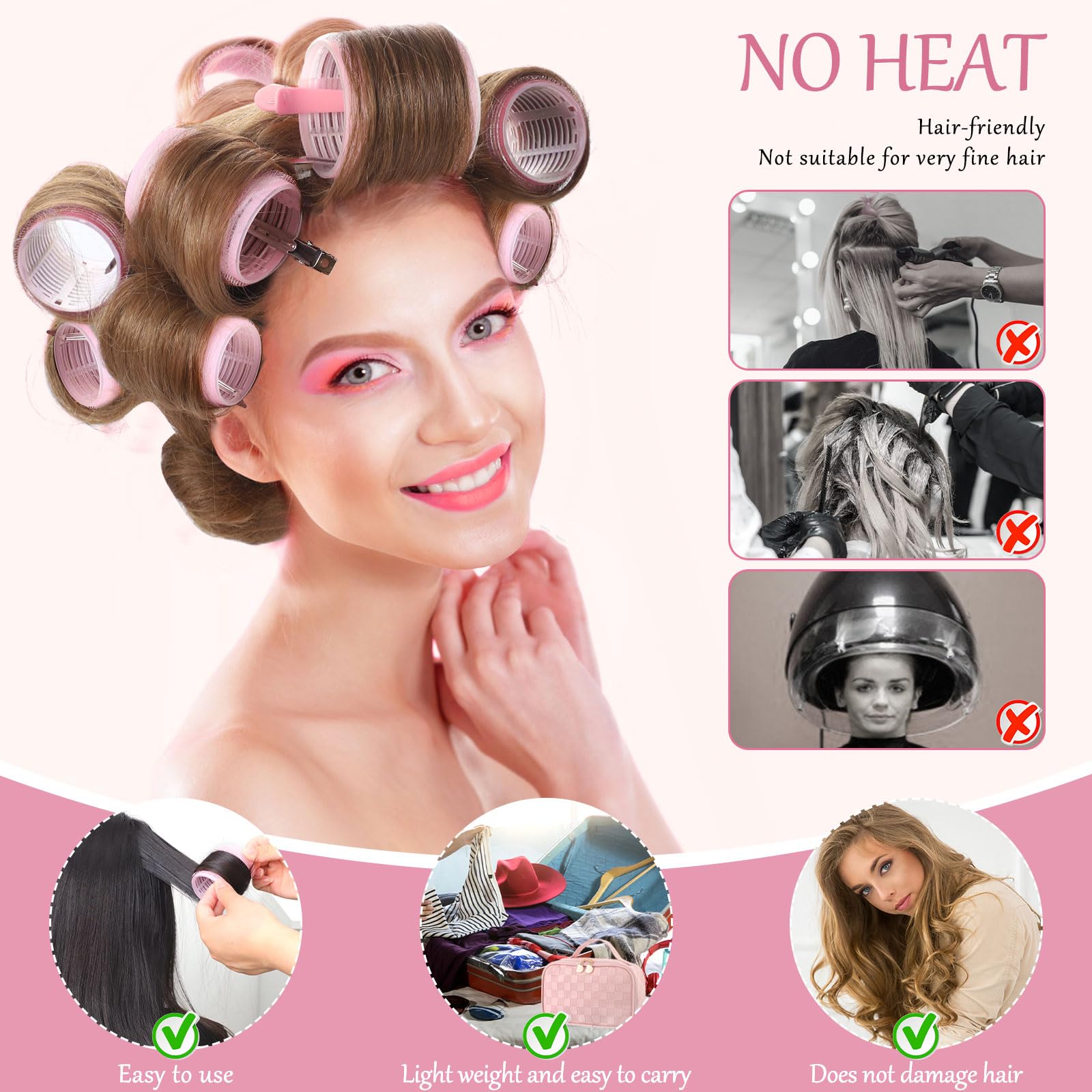 obeoby 50 Pcs in 1 Pack 4 Sizes Hair Rollers with Gift Makeup Bag, 24 Pcs Rollers Hair Curlers Self Grip Hair Rollers with 24 Pc