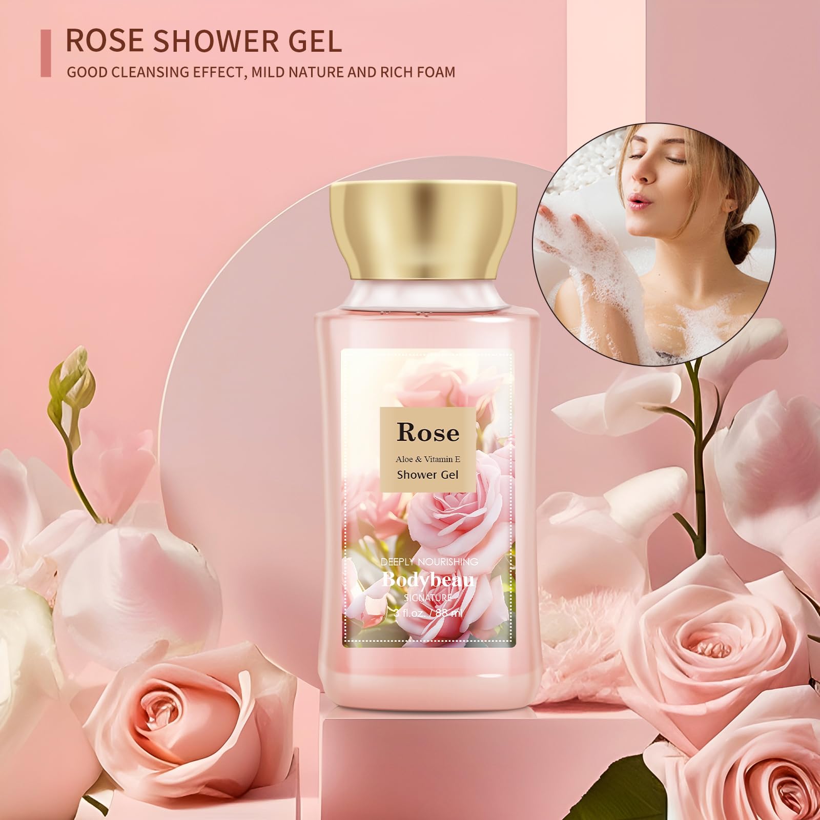 Bath And Body Gift Set For Women & Girls, Rose 3Pcs Set For - Shower Gel, Body Lotion, Body Mist, Personal Portable Body Care Tr