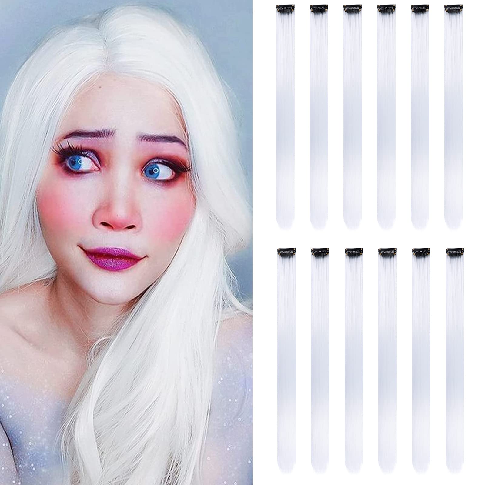12PCS Colored White Hair Extensions Party Highlights Colorful Clip in Hair Extensions 22 Inch Straight Synthetic Hairpieces for