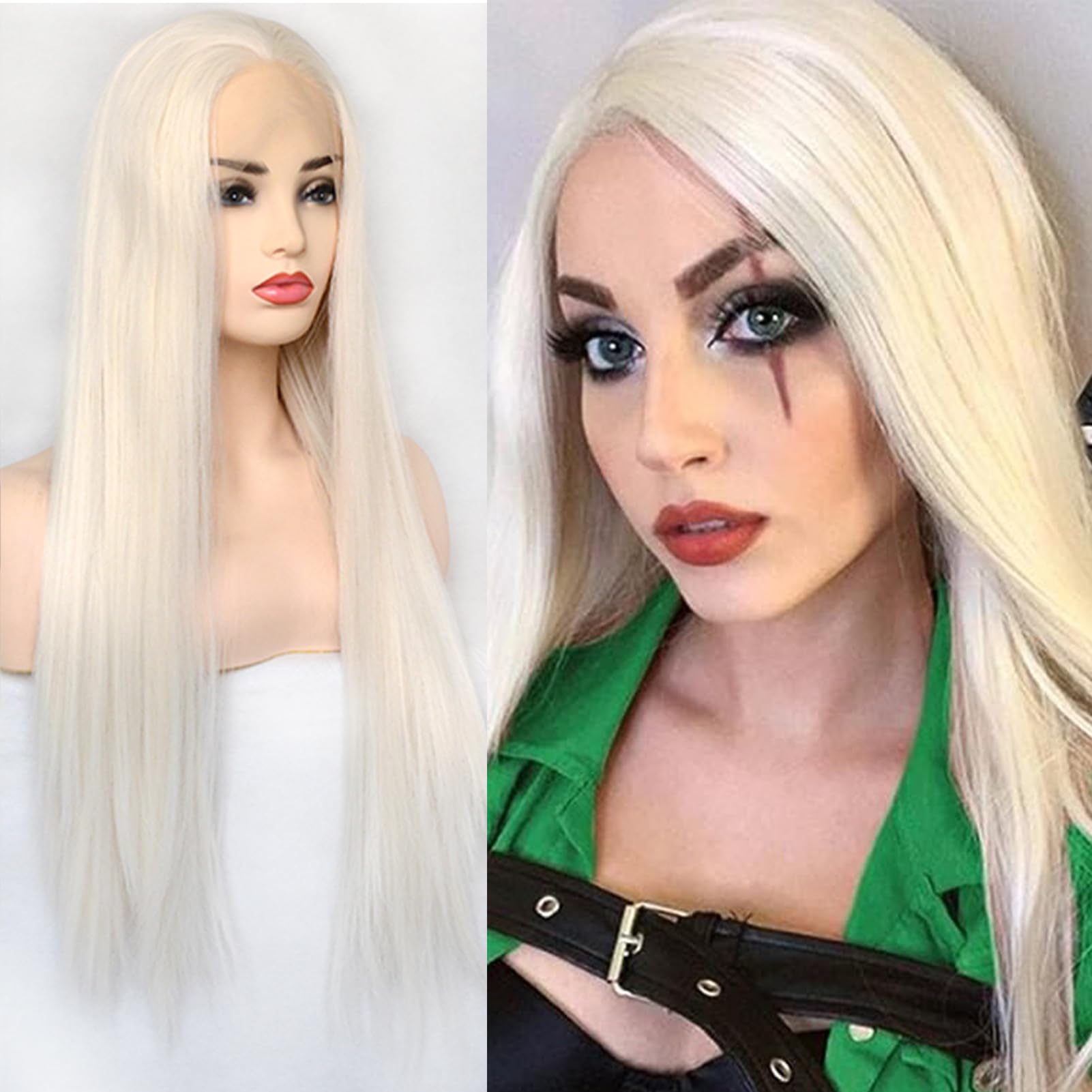 BLUPLE Long Straight 13x3.5 Lace Front Wigs #60 Platinum Blonde Natural Heat Resistant Synthetic Hair Half Hand Tied Wigs for Co