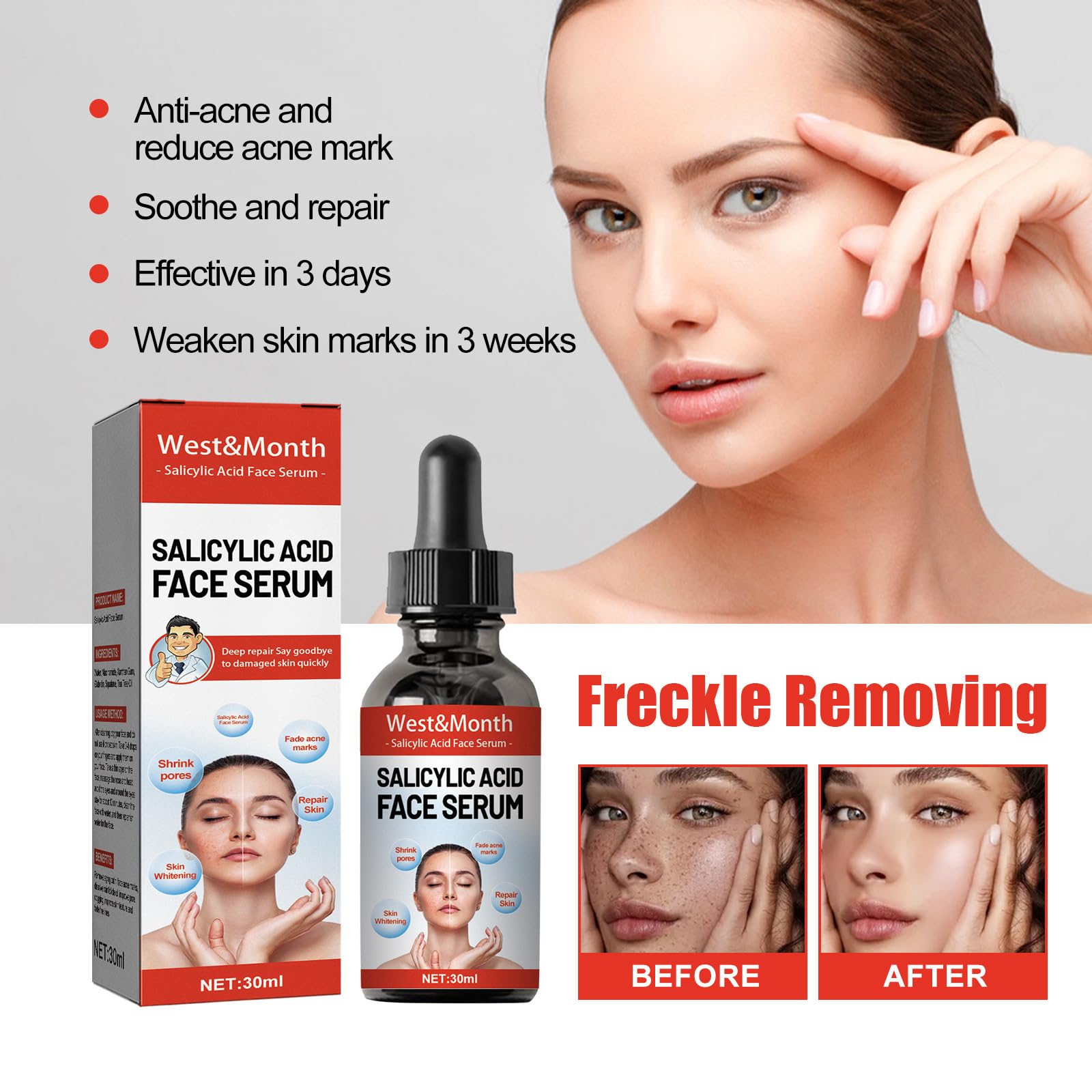 Salicylic Acid Serum For Acne, Blackhead & Open Pores, Refreshing Facial Essence Moisturizer Mild Exfoliating Salicylic Acid for