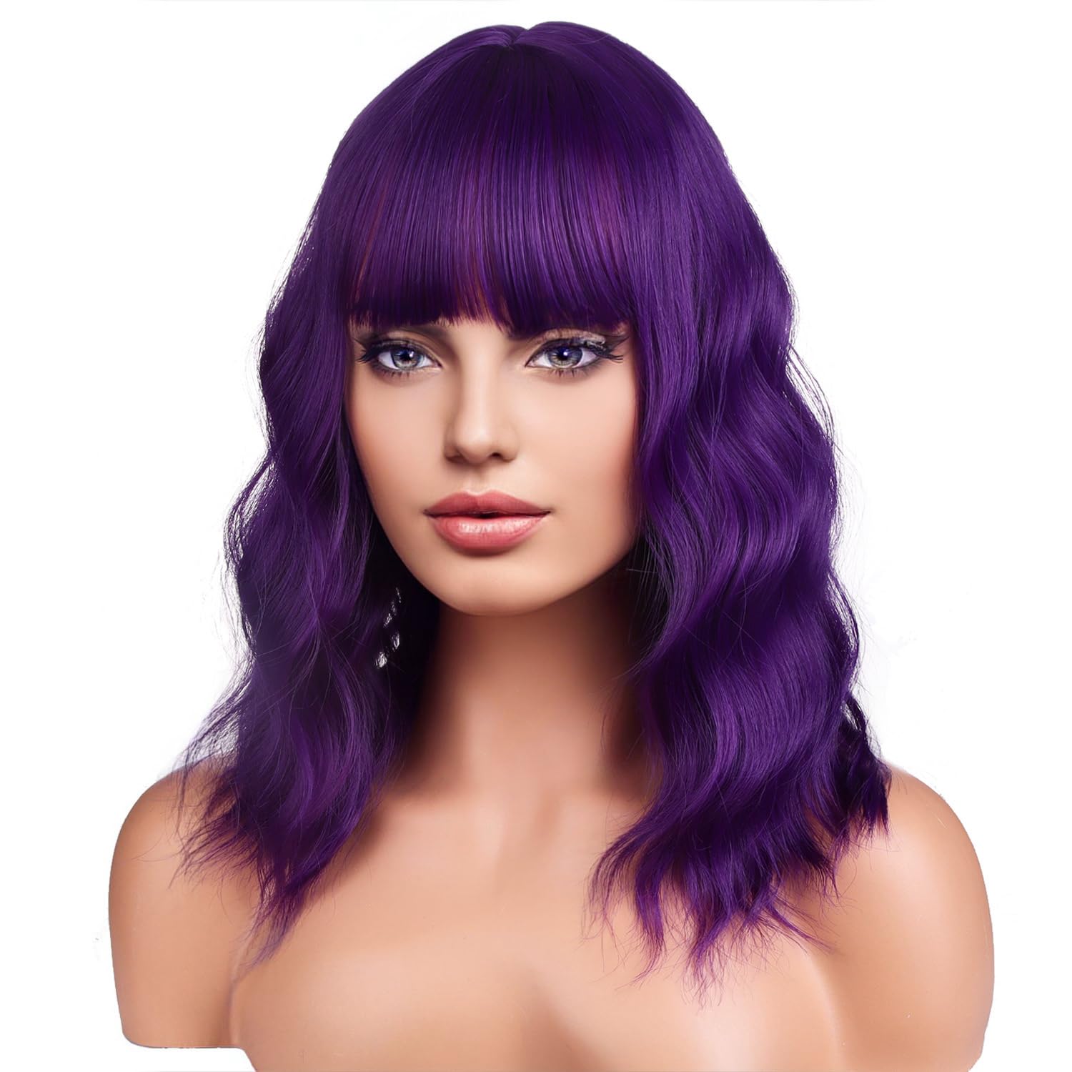 Beron 14 Inches Purple Wig For Women Girls Short Curly Wig Dark Purple Wig Synthetic Wig Purple Wig With Bangs Wig Cap Include