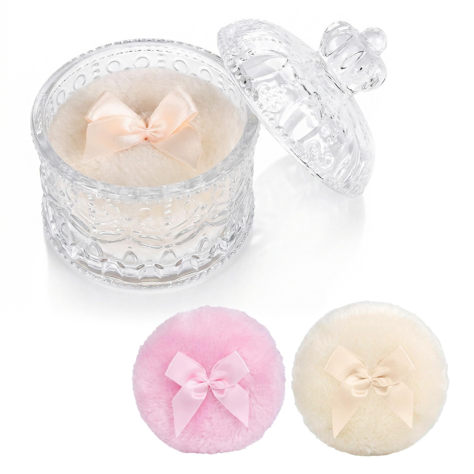 Large Body Powder Puff and Container Glass Jar Dusting Powder Container with Puff Soft Reusable Velour Face Body Wet Dry Makeup