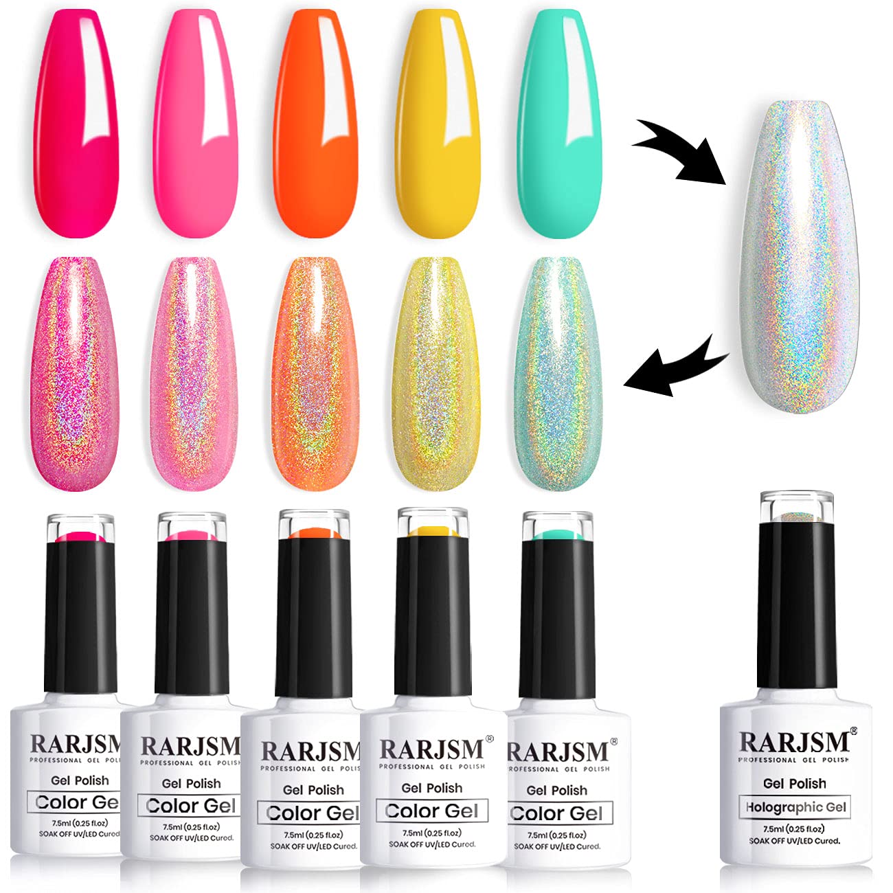 RARJSM Neon Gel Nail Polish Kit Soak off Holographic Nail Polish Set Silver Glitter Nail Polish Irridescent Colors Green Yellow 