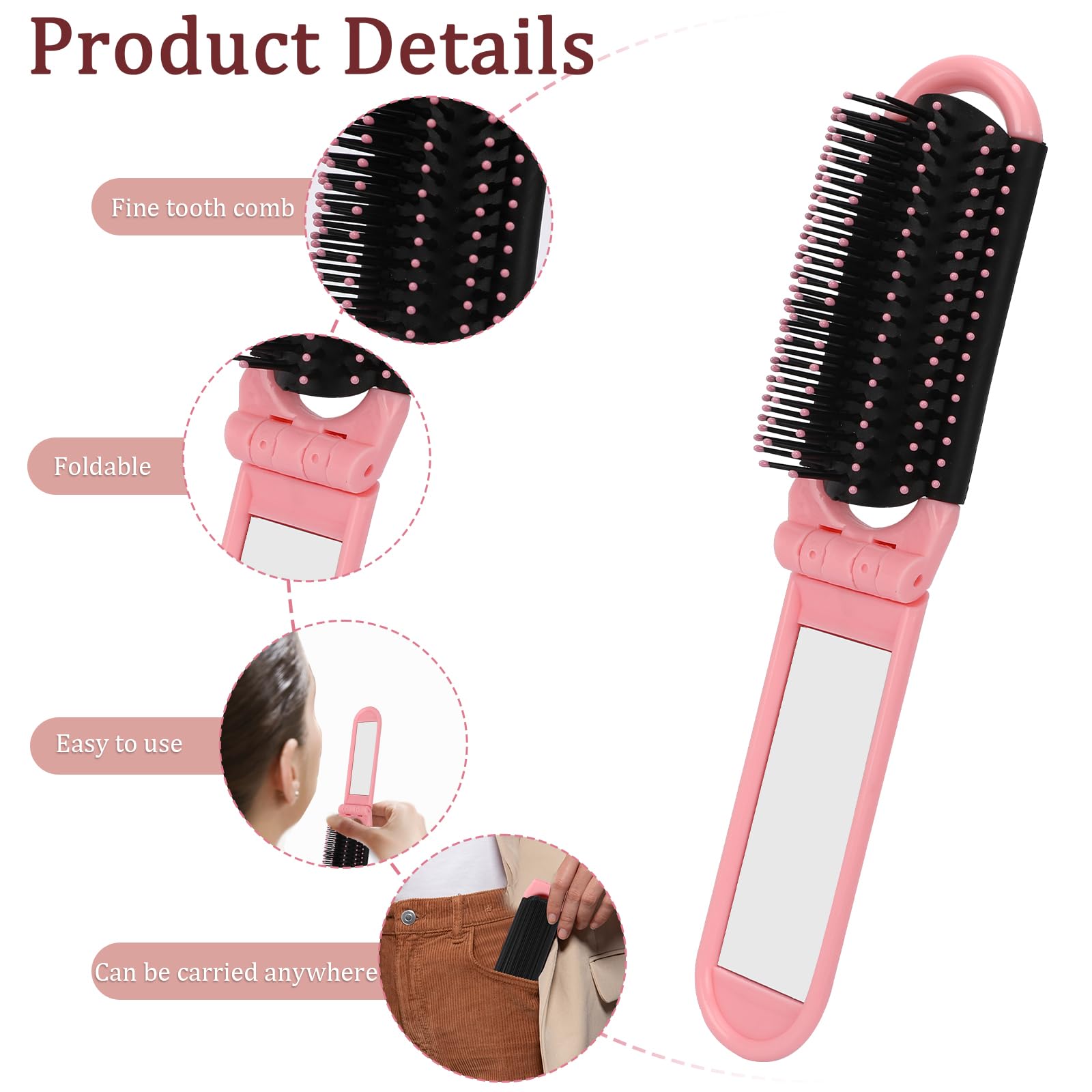 Folding Travel Hair Brush With Mirror, Massage Comb, And Styling Tool - Compact 2 Pack (Black & Pink)