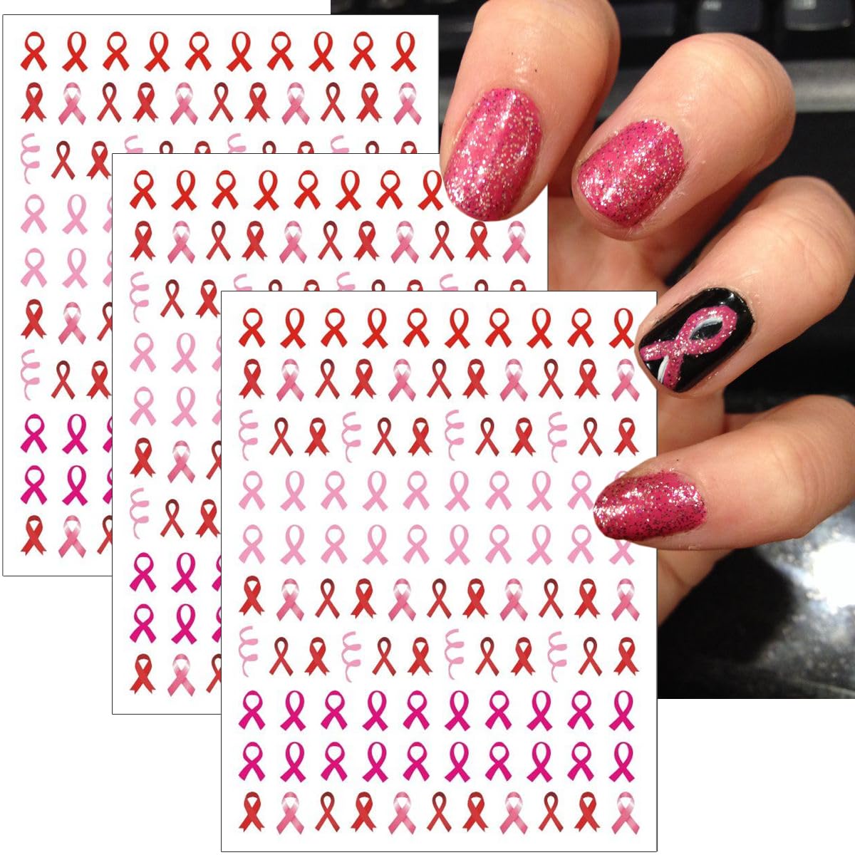 Breast Cancer Nail Stickers 3D Pink Ribbon Nail Decals Breast Cancer Awareness Nail Art Stickers Love Heart Bow Nail Design Stic