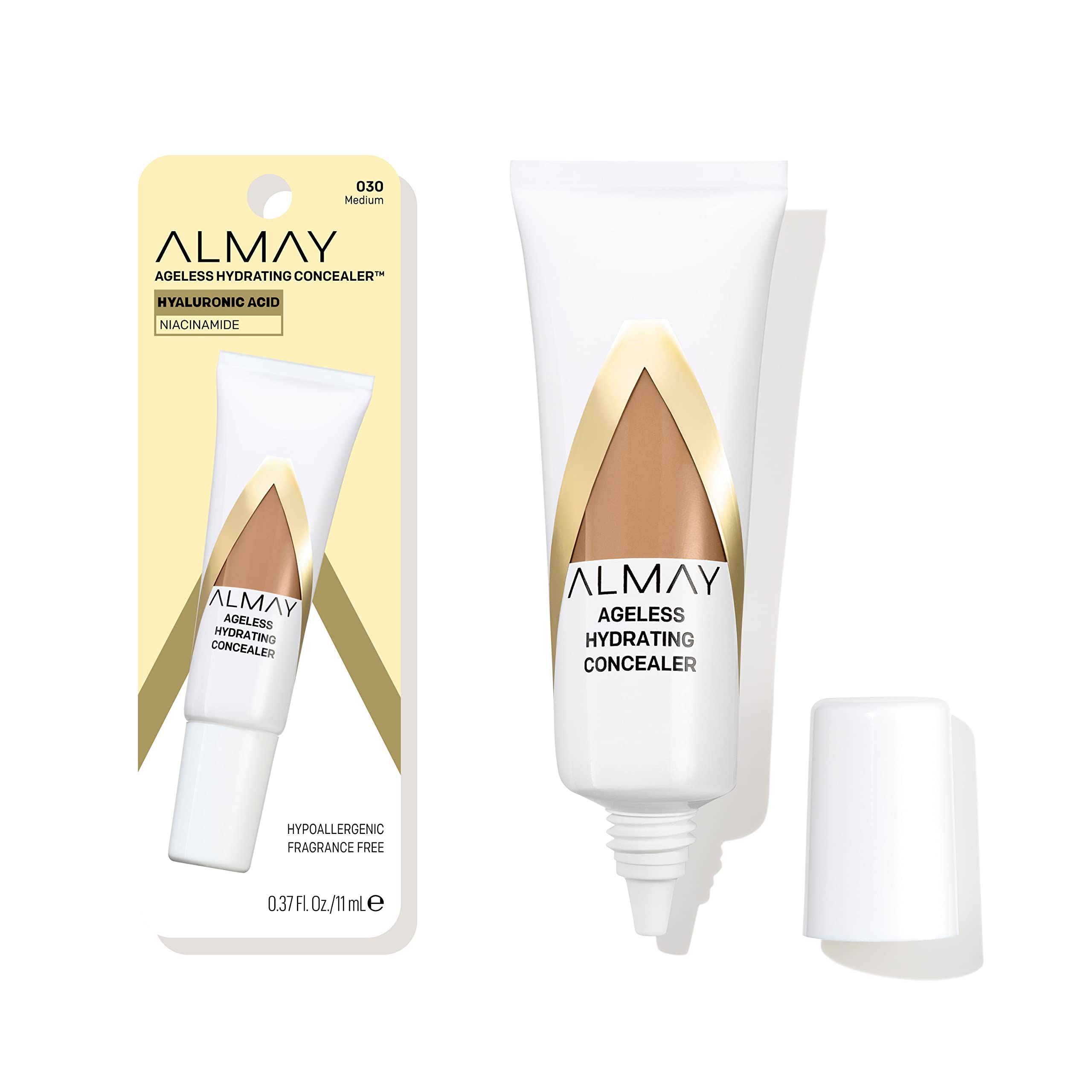Almay Anti-Aging Concealer, Face Makeup With Hyaluronic Acid, Niacinamide, Vitamin C & E, Hypoallergenic-Fragrance Free, 030 Med