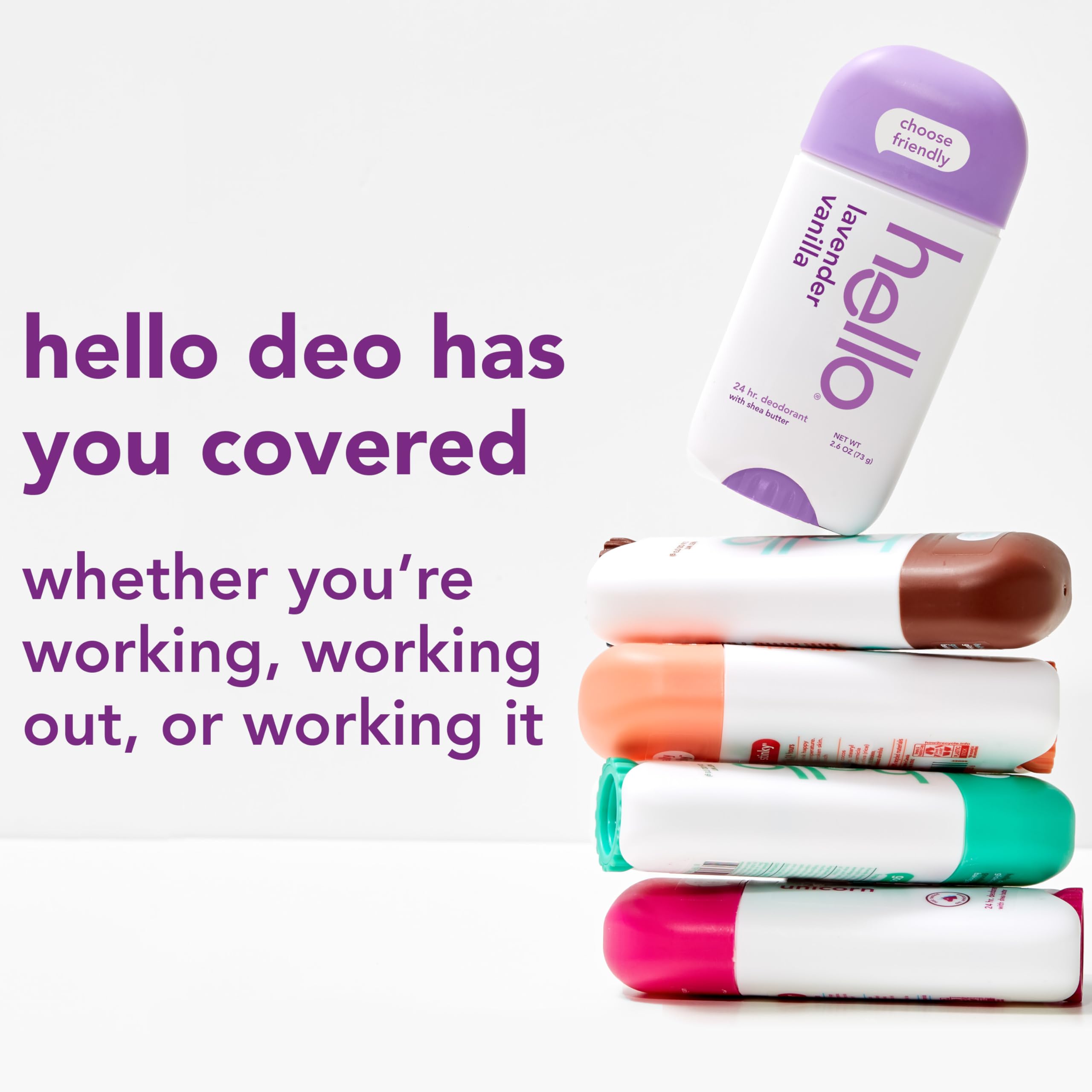 hello Lavender Vanilla Aluminum Free Deodorant with Shea Butter for Women + Men, Baking Soda Free, 24 Hour Odor Protection, 2.6